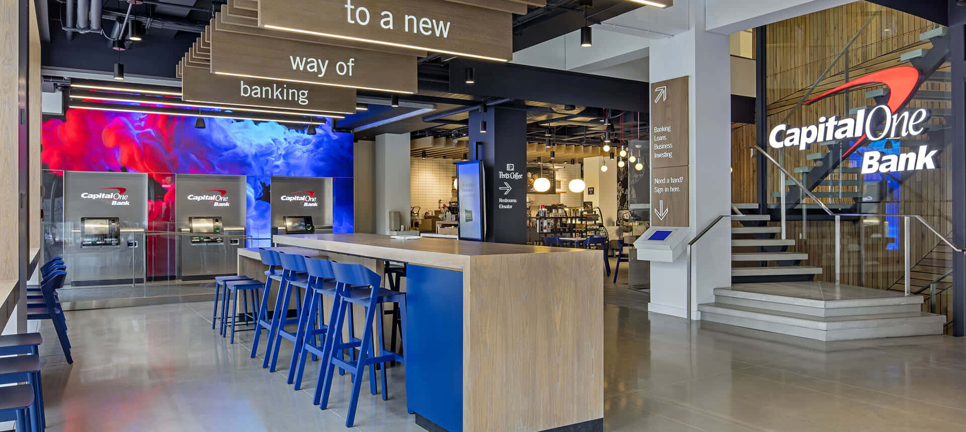 Capital One, blue stools, digital wall, Full HD Desktop Wallpaper