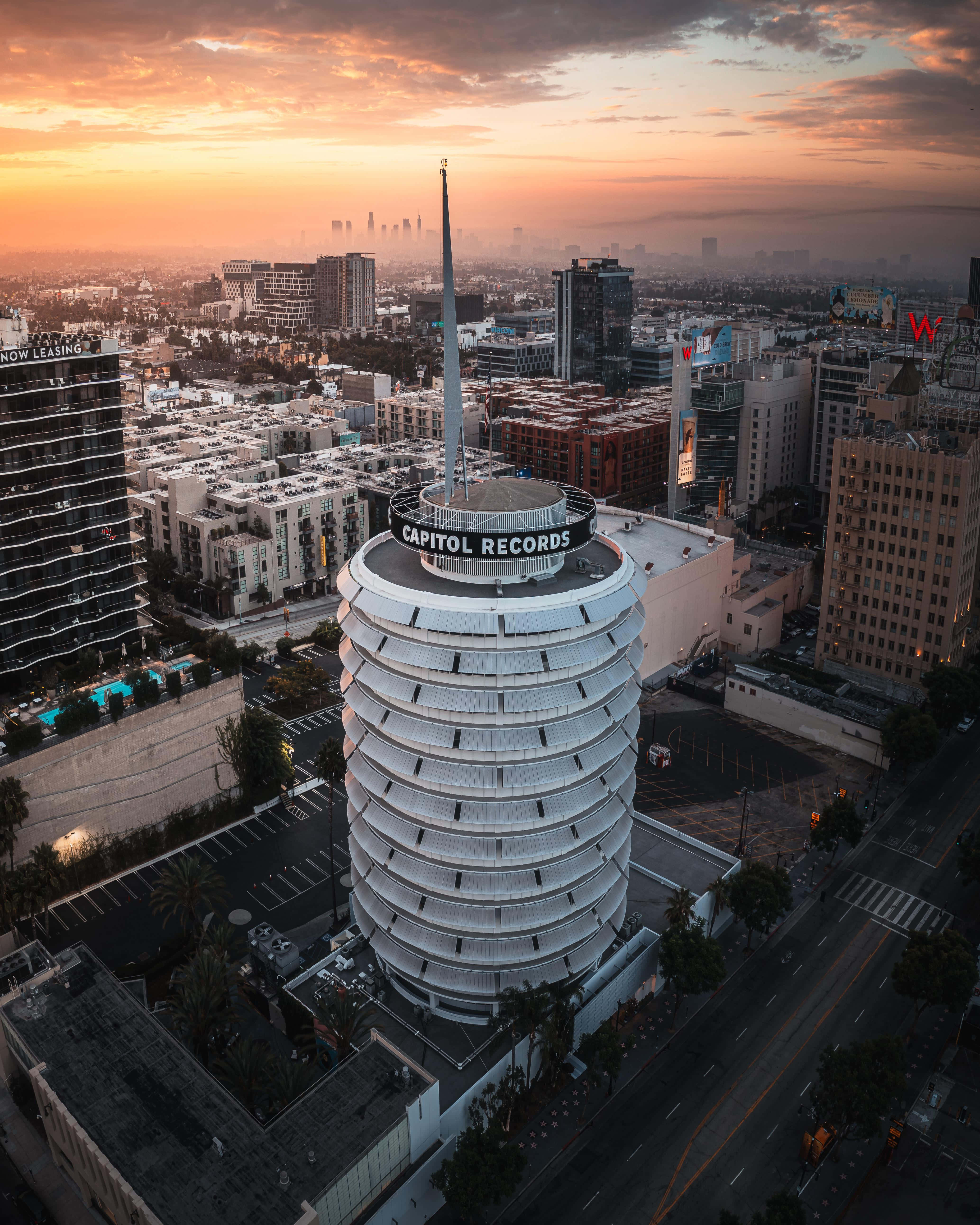 Capitol Records Building, sunset, warm orange sky, 5K Phone Wallpaper