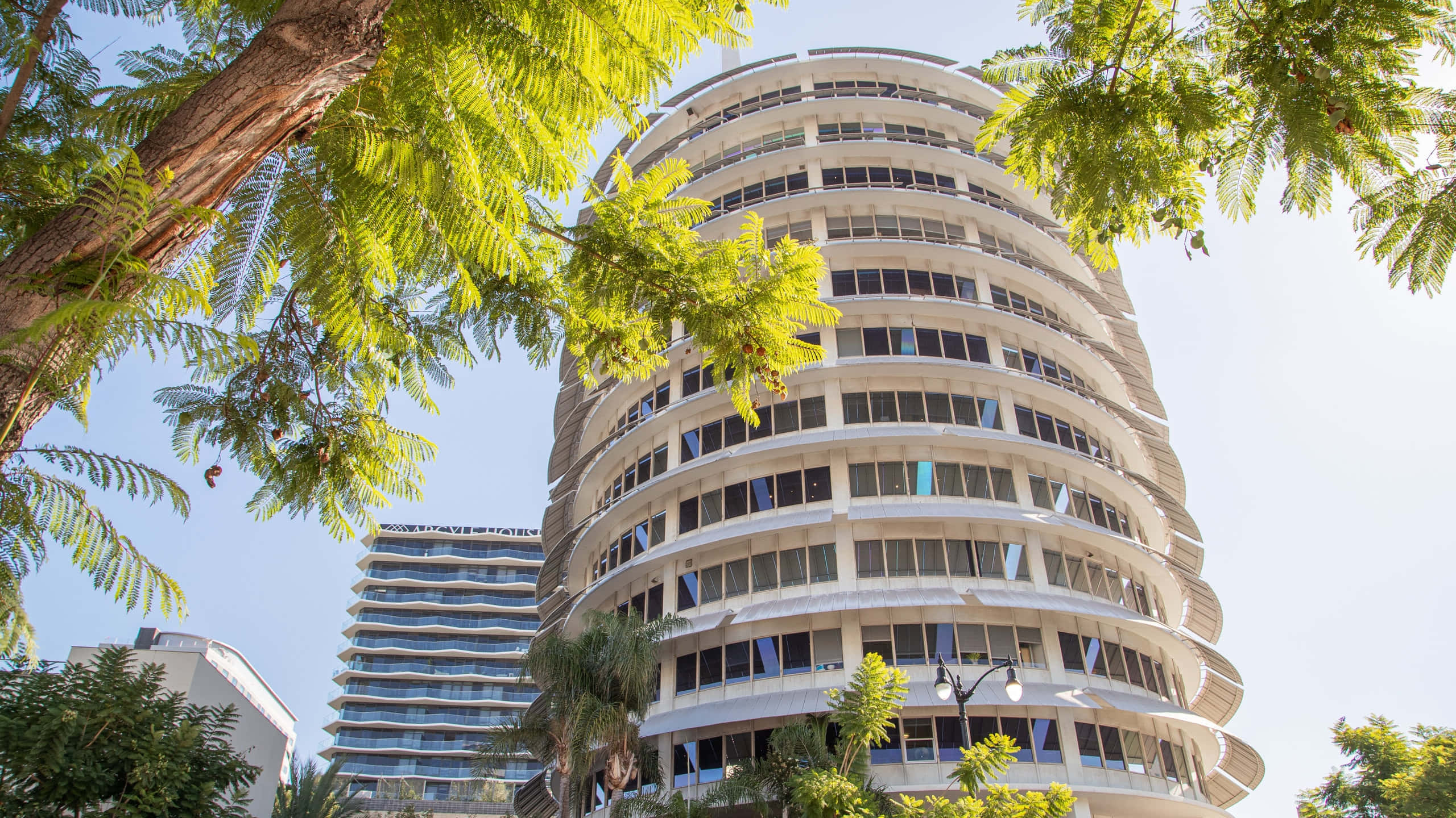 Capitol Records Building, white curved high-rise building, vibrant green tree foliage, 2K Desktop Wallpaper