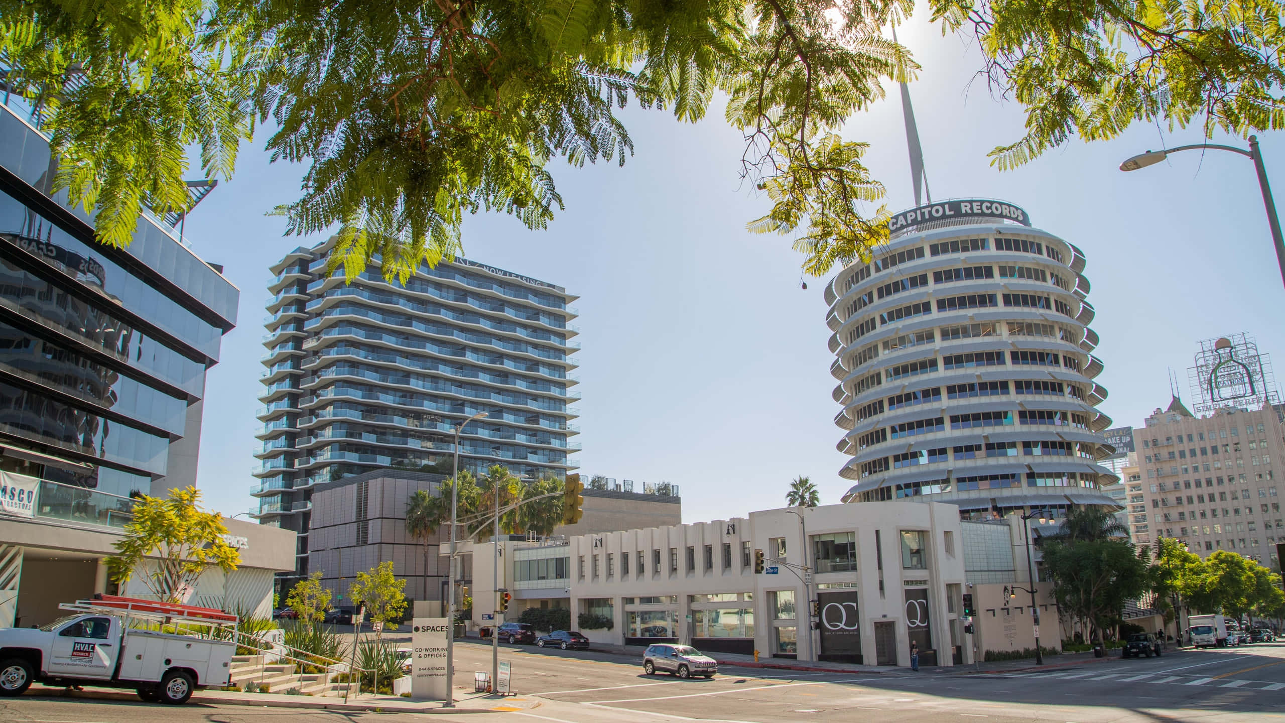 Capitol Records Building, Sunlit urban street, green tree branches, 2K Desktop Wallpaper