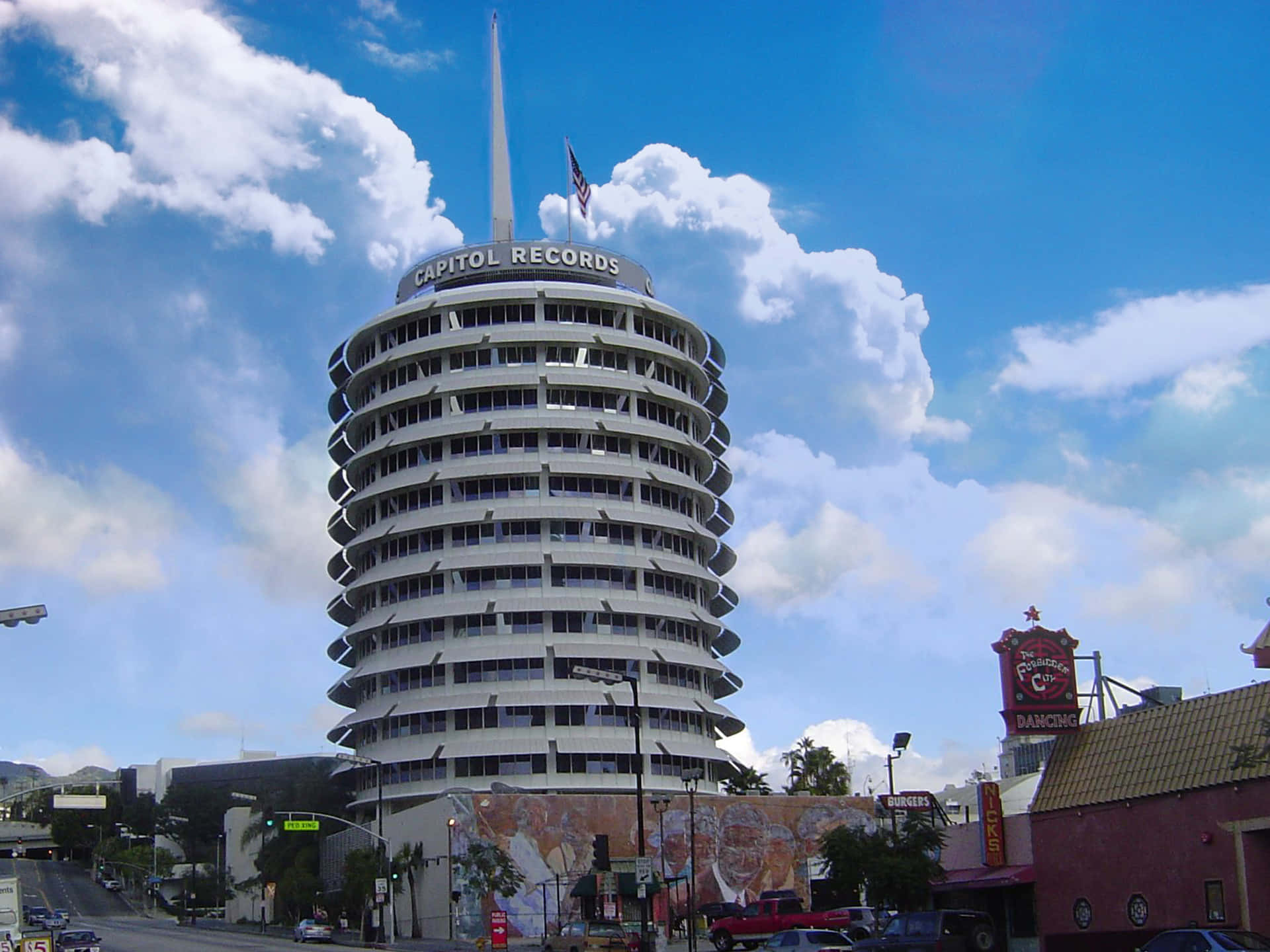 Capitol Records Building, blue sky, fluffy white clouds, Full HD Desktop Wallpaper