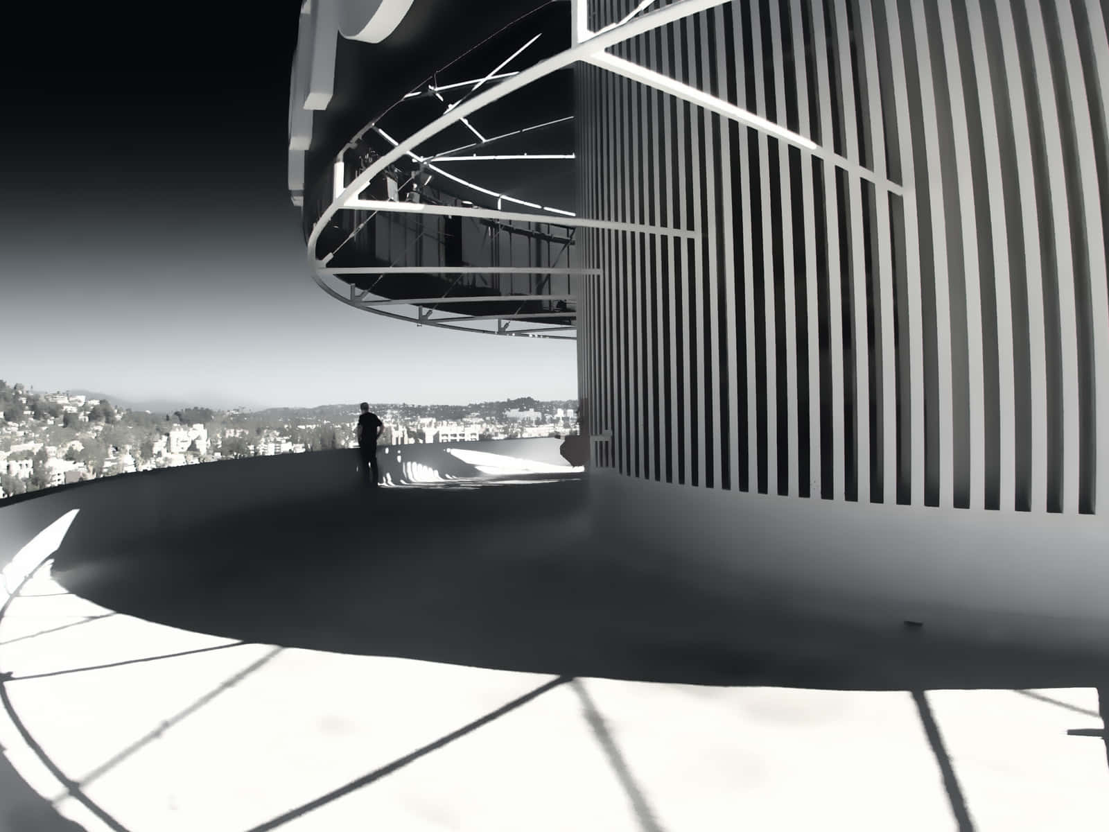 Capitol Records Building, curved rooftop terrace, black and white light, HD Desktop Wallpaper