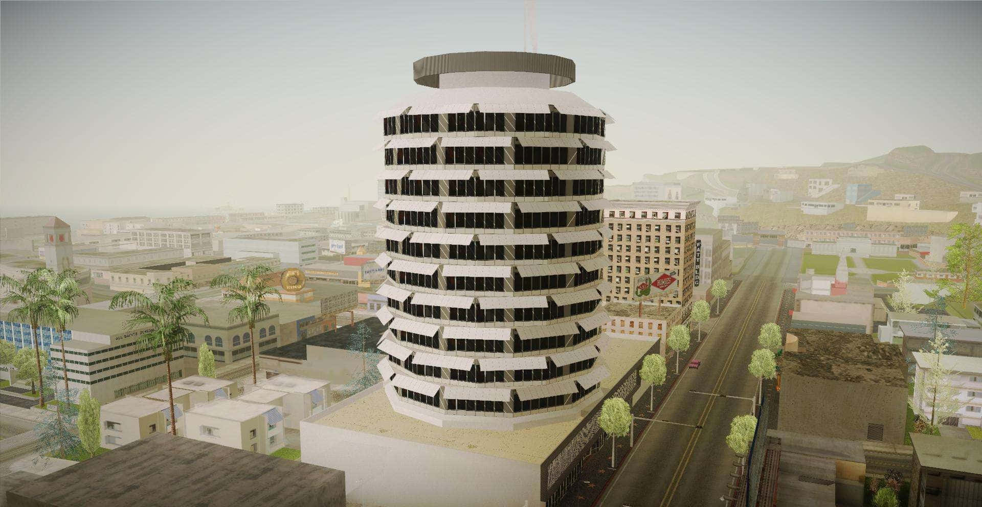 Capitol Records Building, cylindrical office building, black window bands, Full HD Desktop Wallpaper