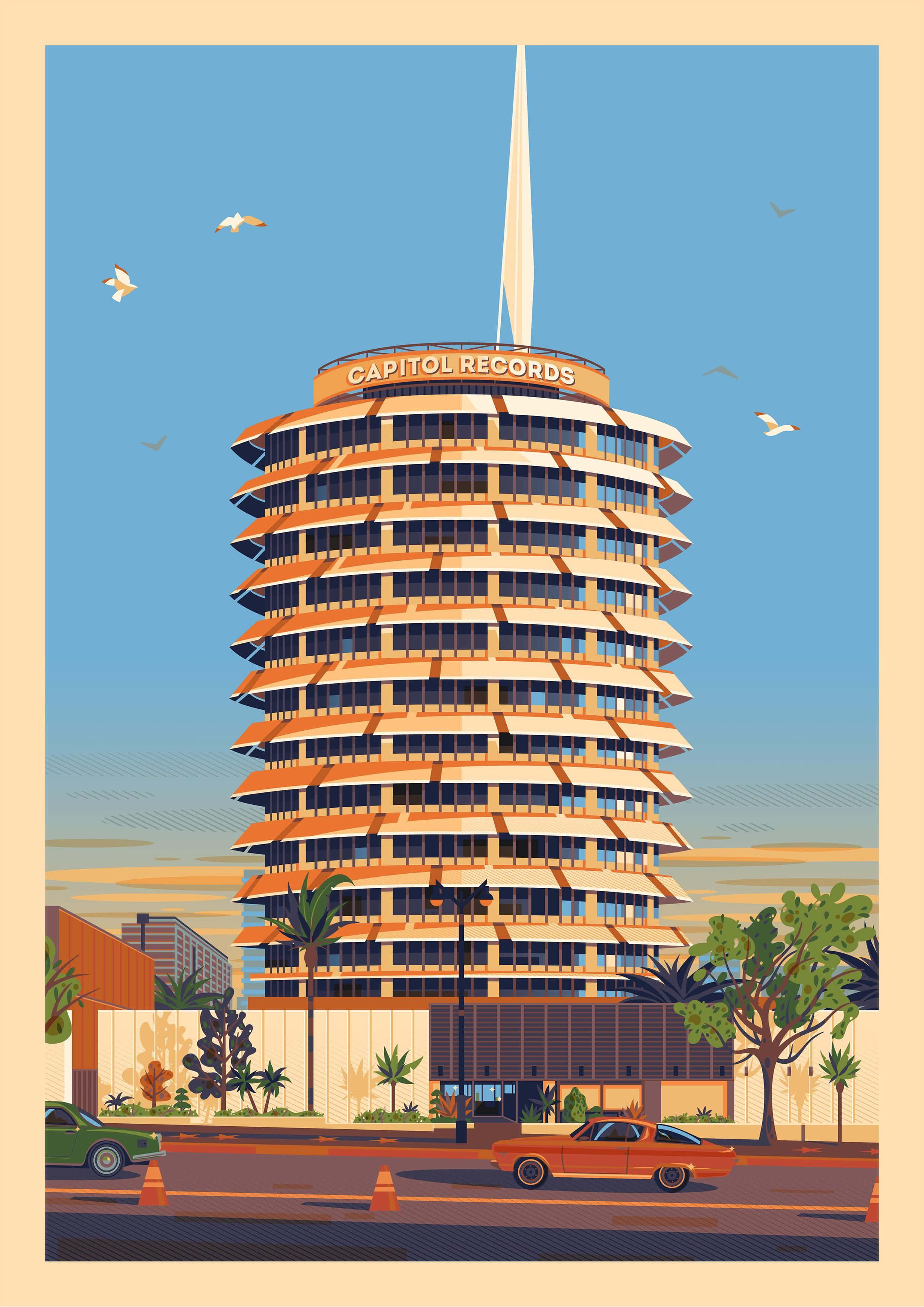 Capitol Records Building, blue sky, vintage cars, 2K Phone Wallpaper