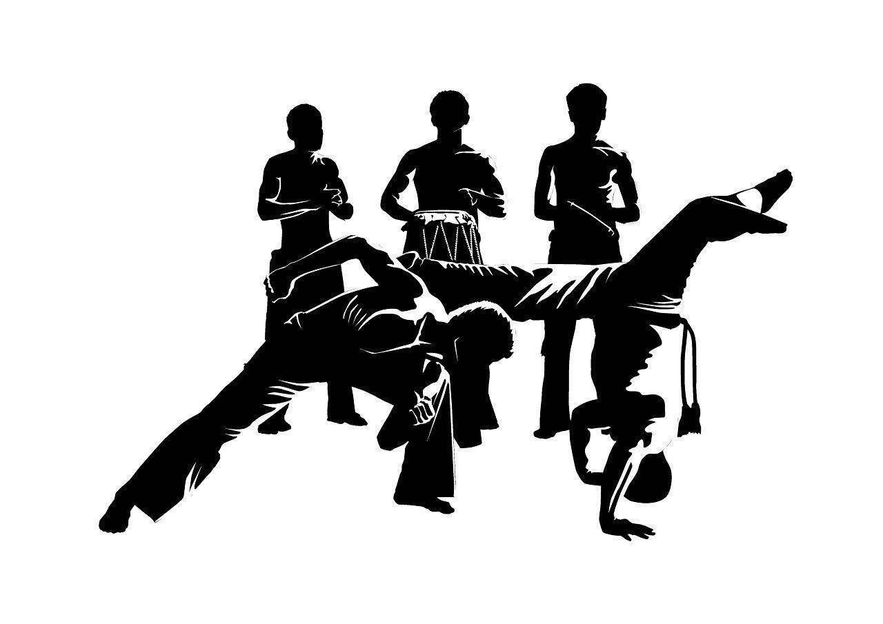 minimalistic capoeira drawing, silhouetted martial artists, dynamic poses, HD Desktop Wallpaper