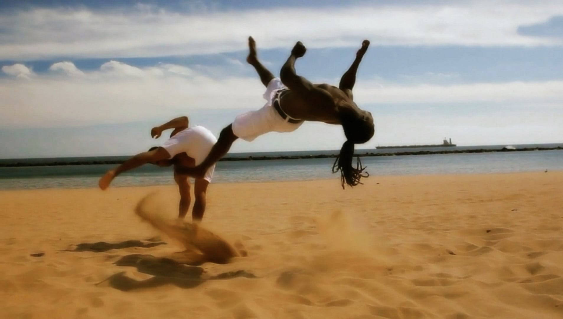 Capoeira, high flying kicks, sandy beach, HD Desktop Wallpaper