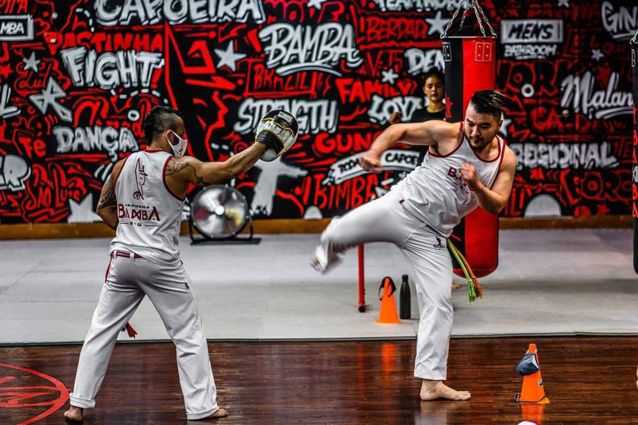 Capoeira, white uniforms, graffiti-covered wall, Full HD Desktop Wallpaper