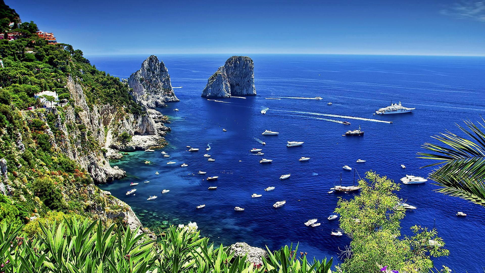 Capri Italy, vibrant blue sea, boats, Full HD Desktop Wallpaper