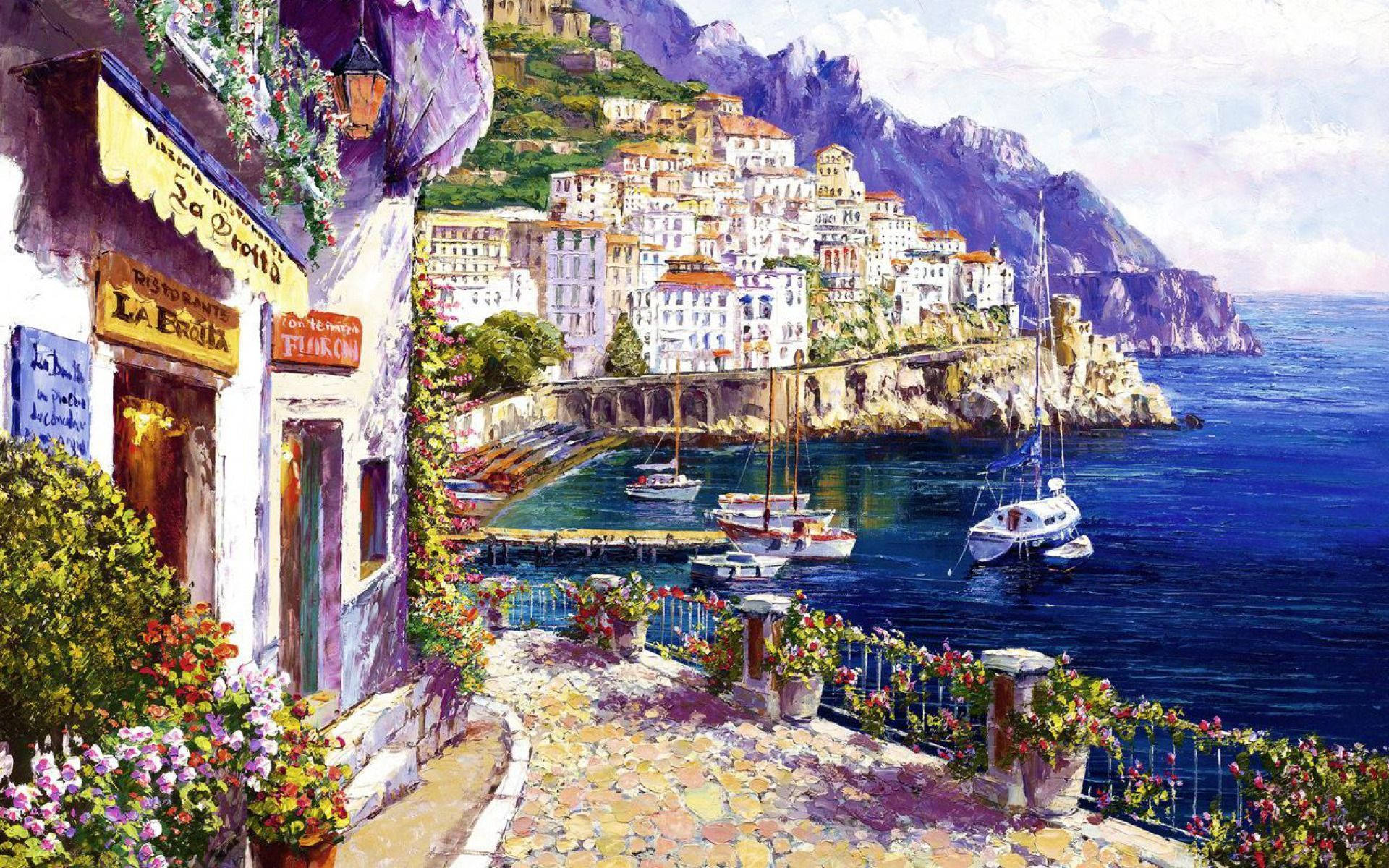Capri Italy, vintage realistic painting, sunlit coastal village, Full HD Desktop Wallpaper