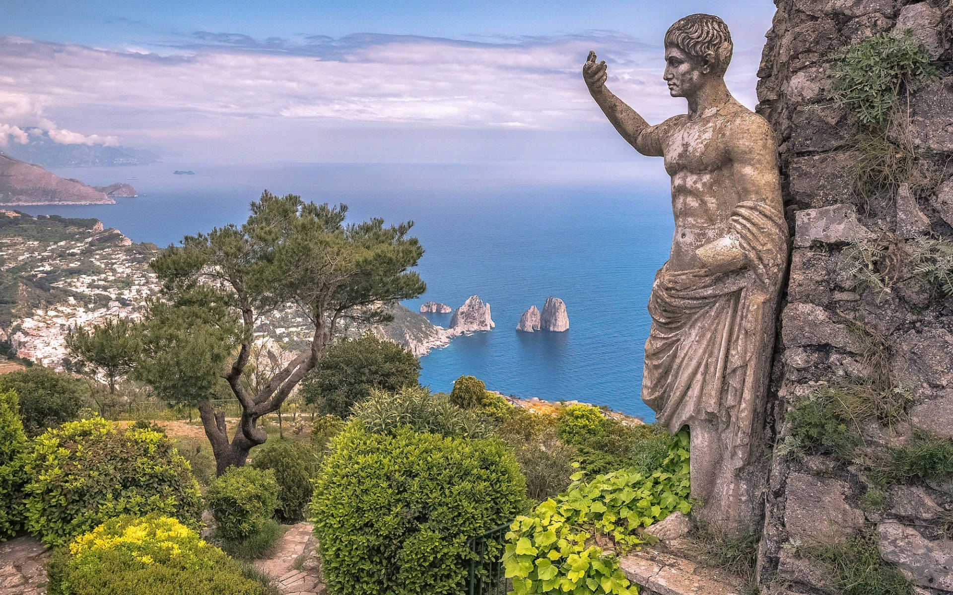 Capri Italy, ancient stone statue, vibrant blue sea, Full HD Desktop Wallpaper