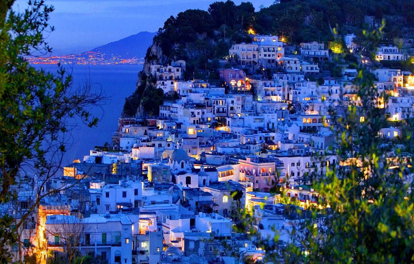 Capri Italy, houses on the cliff, twilight, HD Desktop Wallpaper