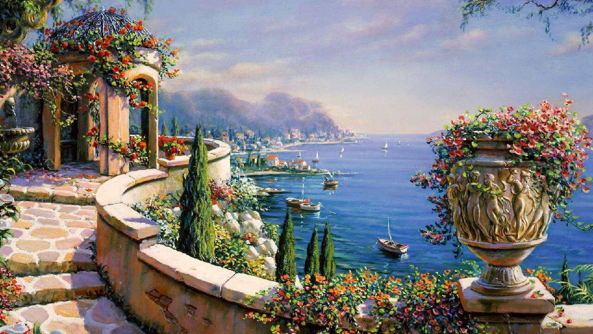 Capri Italy, stone terrace, blooming flowers, Full HD Desktop Wallpaper