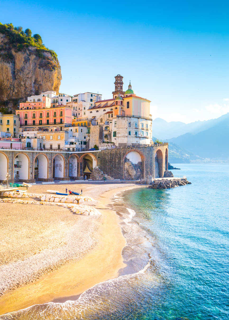 Capri Italy, white sand beach, pastel buildings, SD Phone Wallpaper