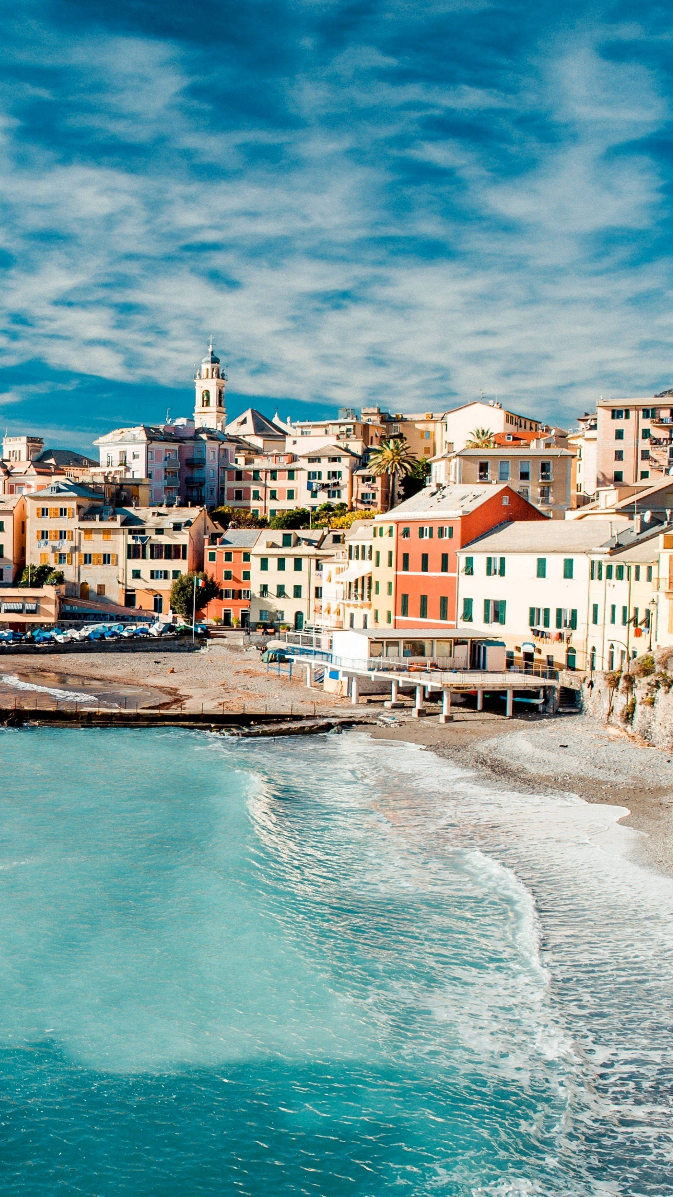 Italy Coast, pastel buildings, cliffs, 4K Phone Wallpaper