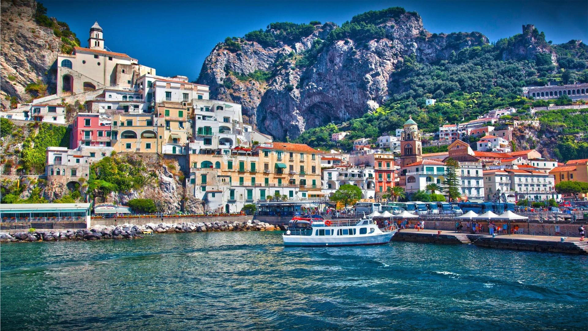 Capri Italy, sea front, pastel buildings, Full HD Desktop Wallpaper