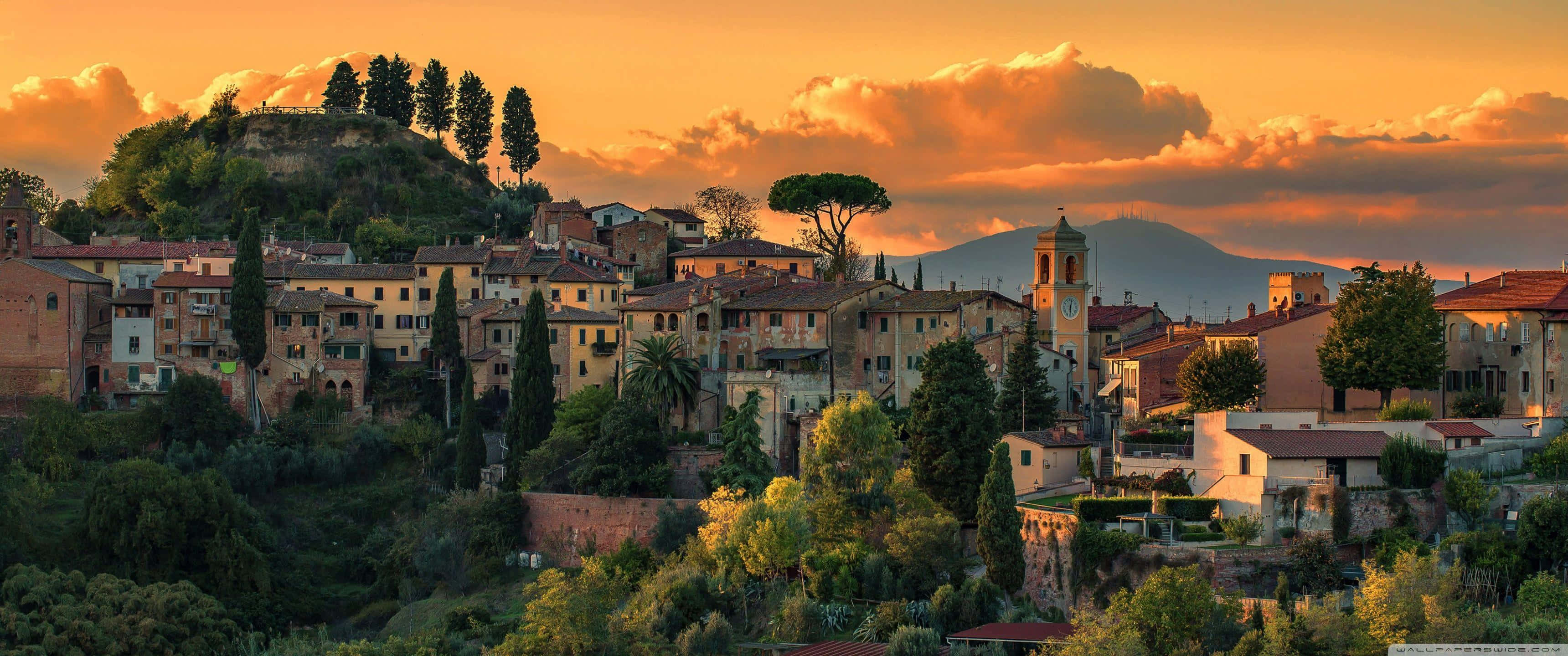 Italy, sunset, hillside village, 2K Desktop Wallpaper