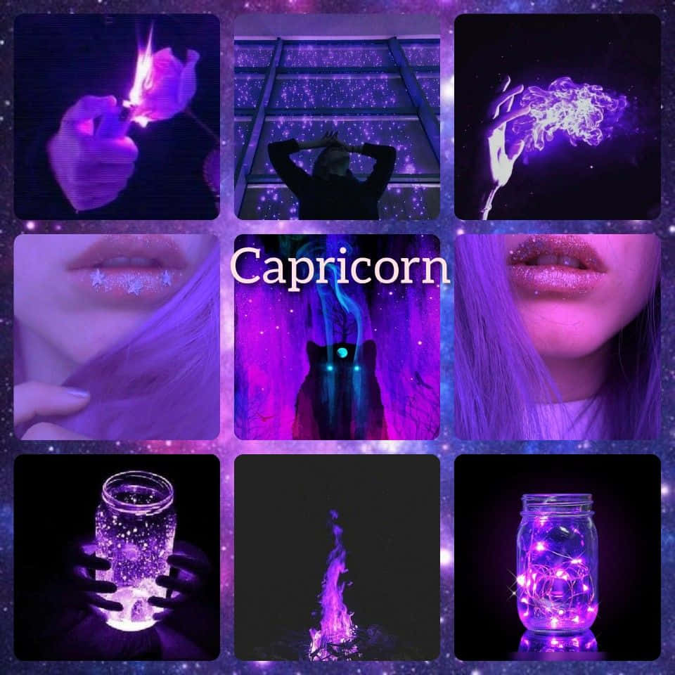 Capricorn silhouette, cosmic purple grid, glowing jars, SD Desktop Wallpaper