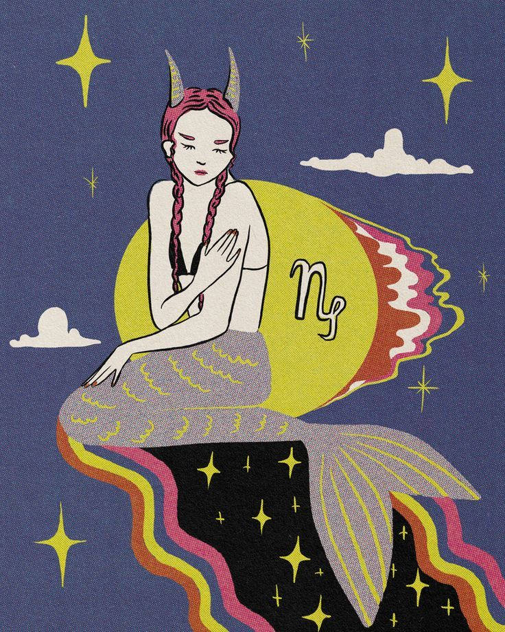 Psychedelic Capricorn Art, mermaid, pink braids, SD Phone Wallpaper