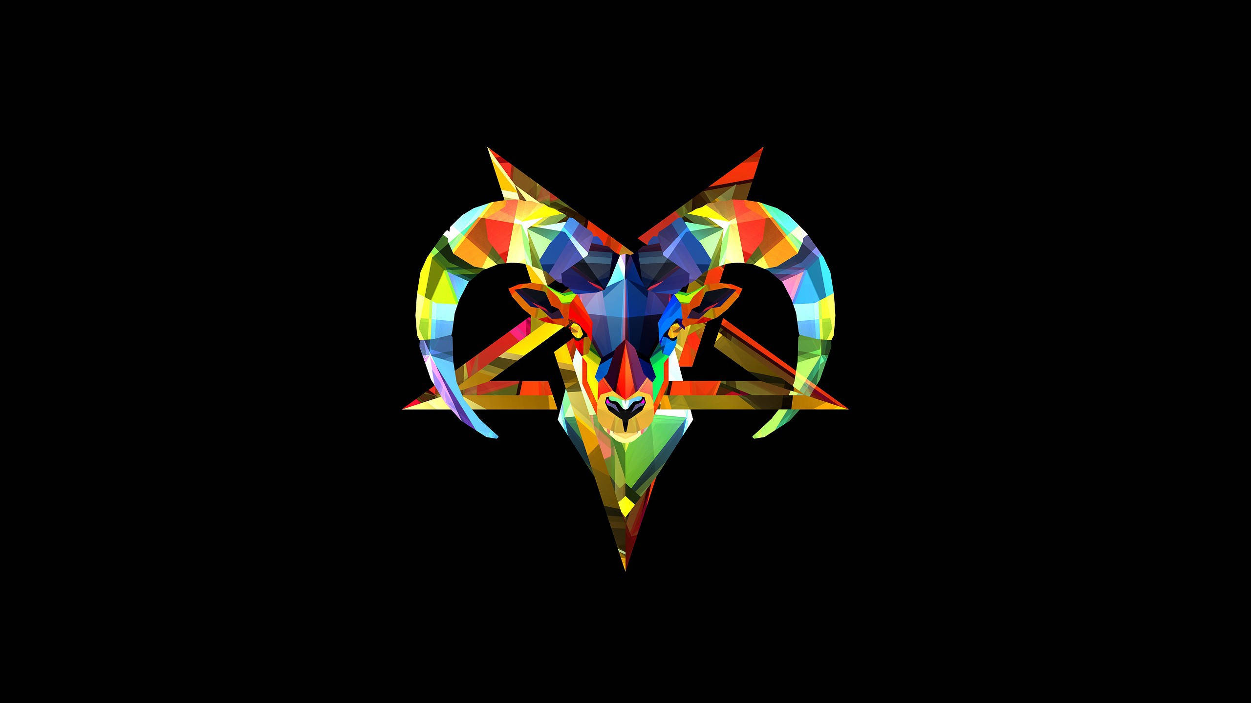 Capricorn, geometric ram head, rainbow-colored facets, 2K Desktop Wallpaper