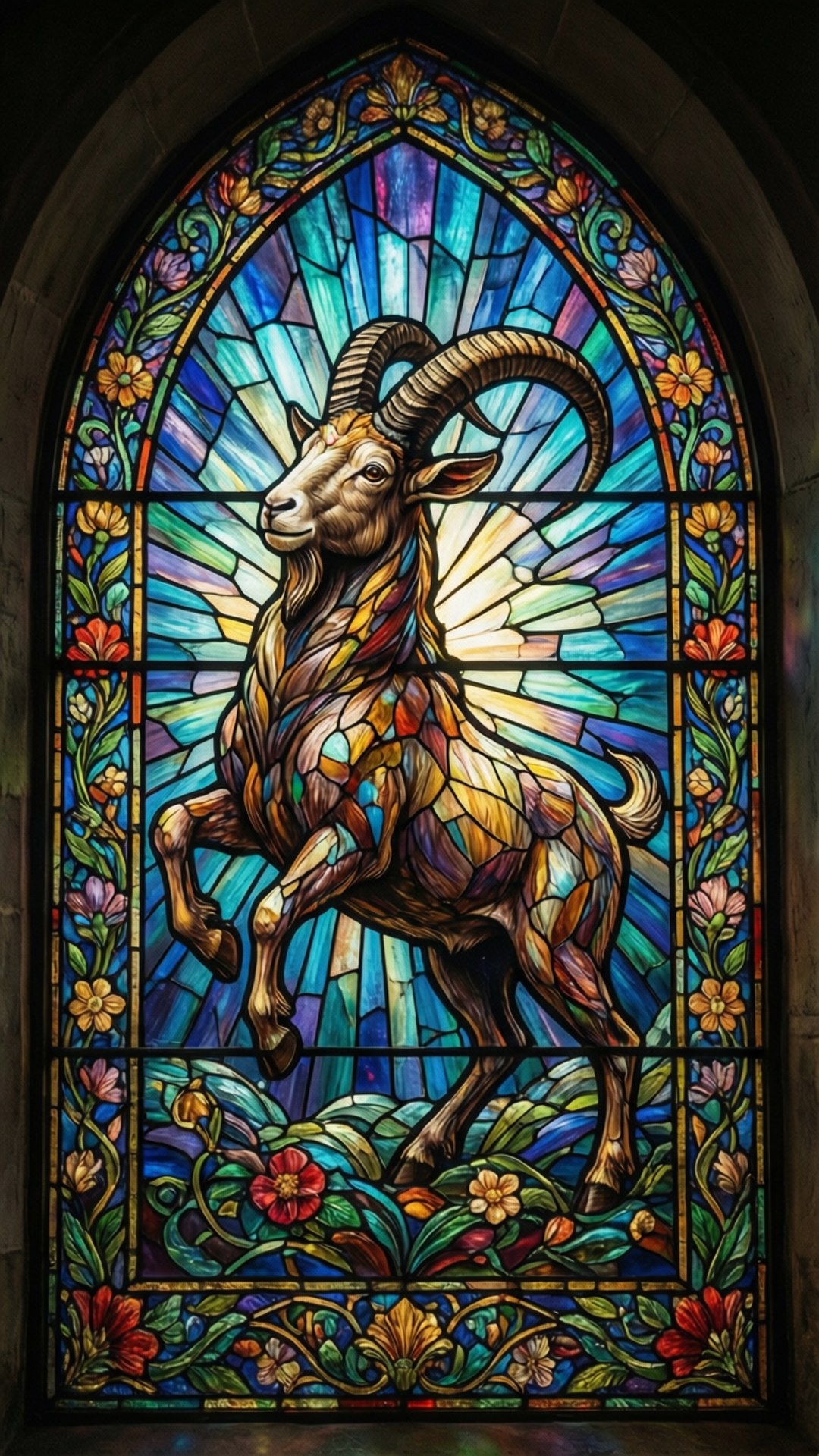 stained glass window, goat, curved horns, Full HD Phone Wallpaper