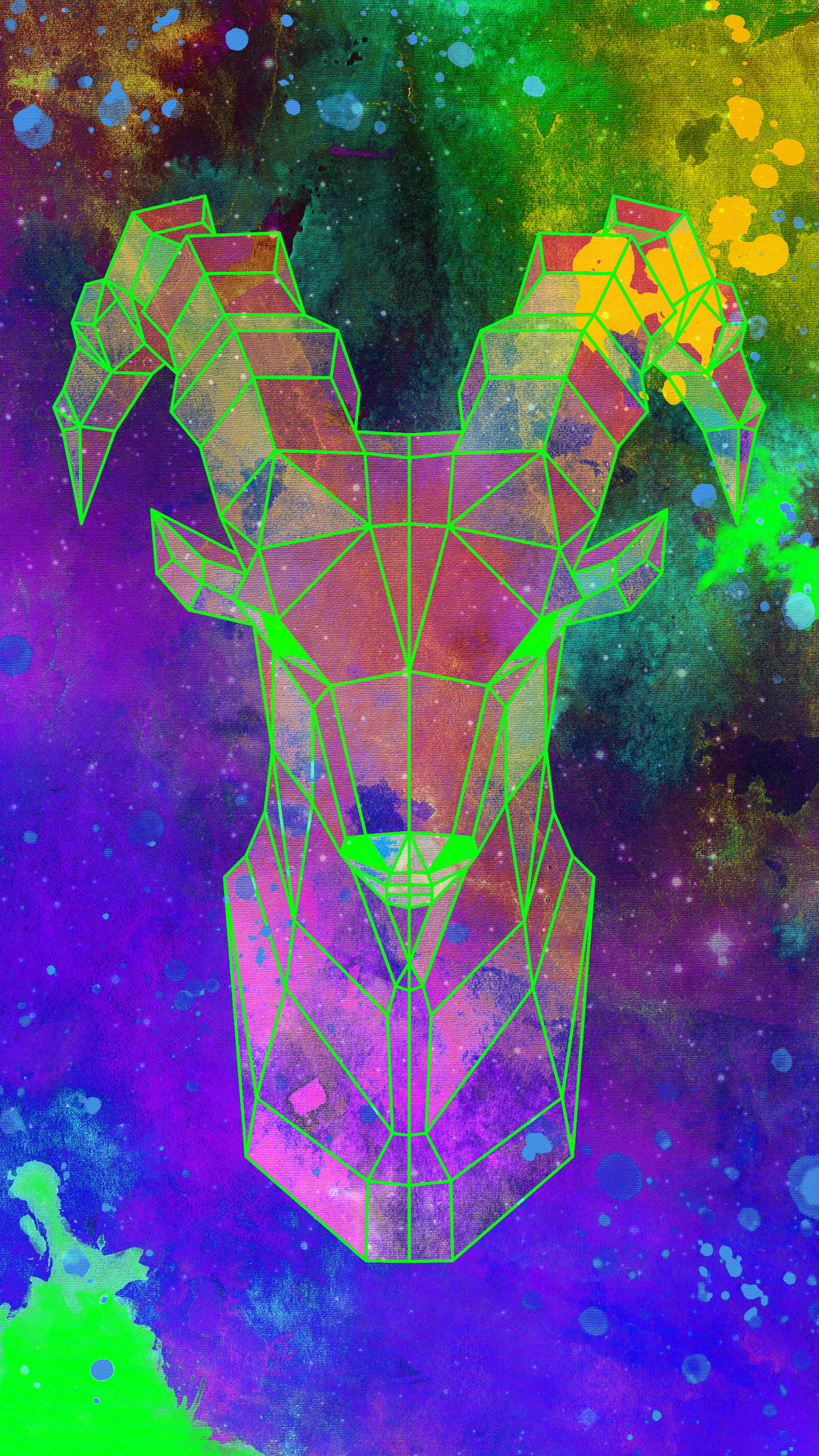 Capricorn, geometric ram head, neon green, 2K Phone Wallpaper