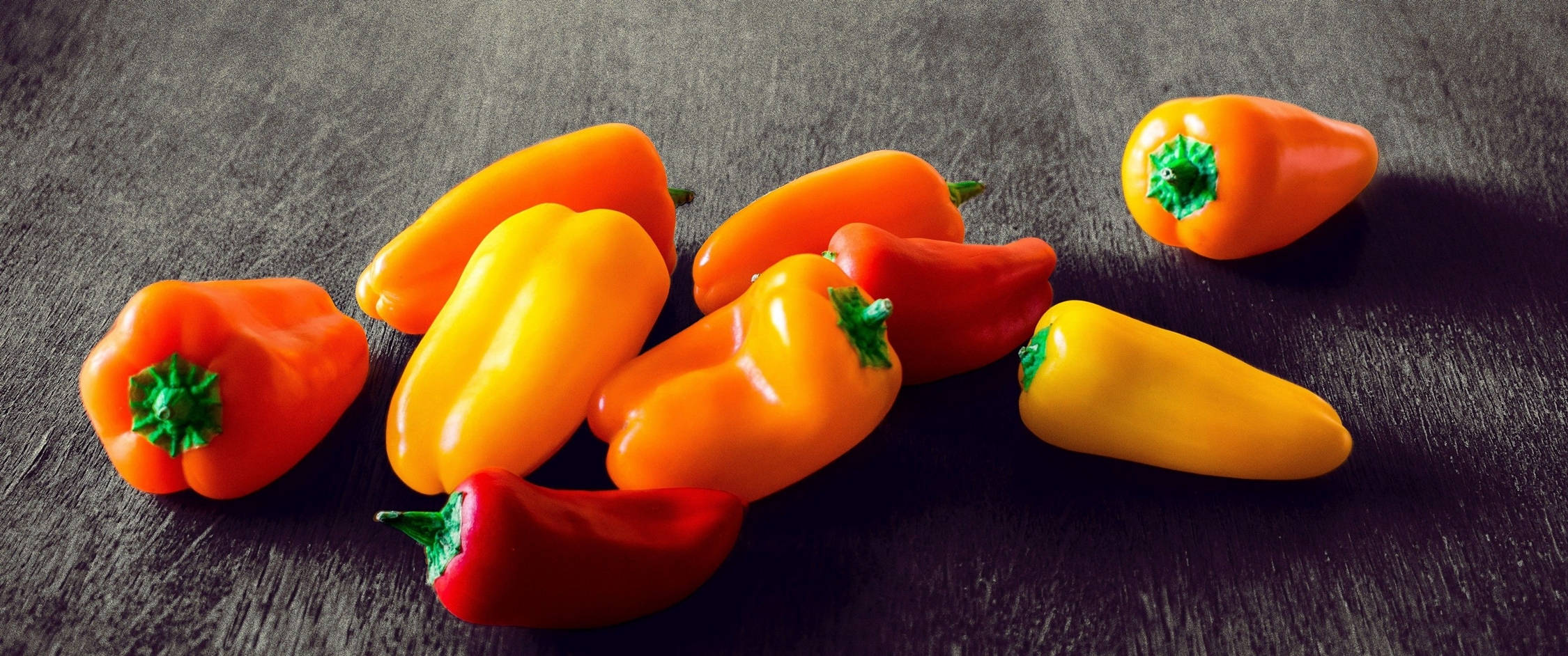 organic mini capsicum fruits, orange yellow and red bell peppers, green stems, Full HD Desktop Wallpaper