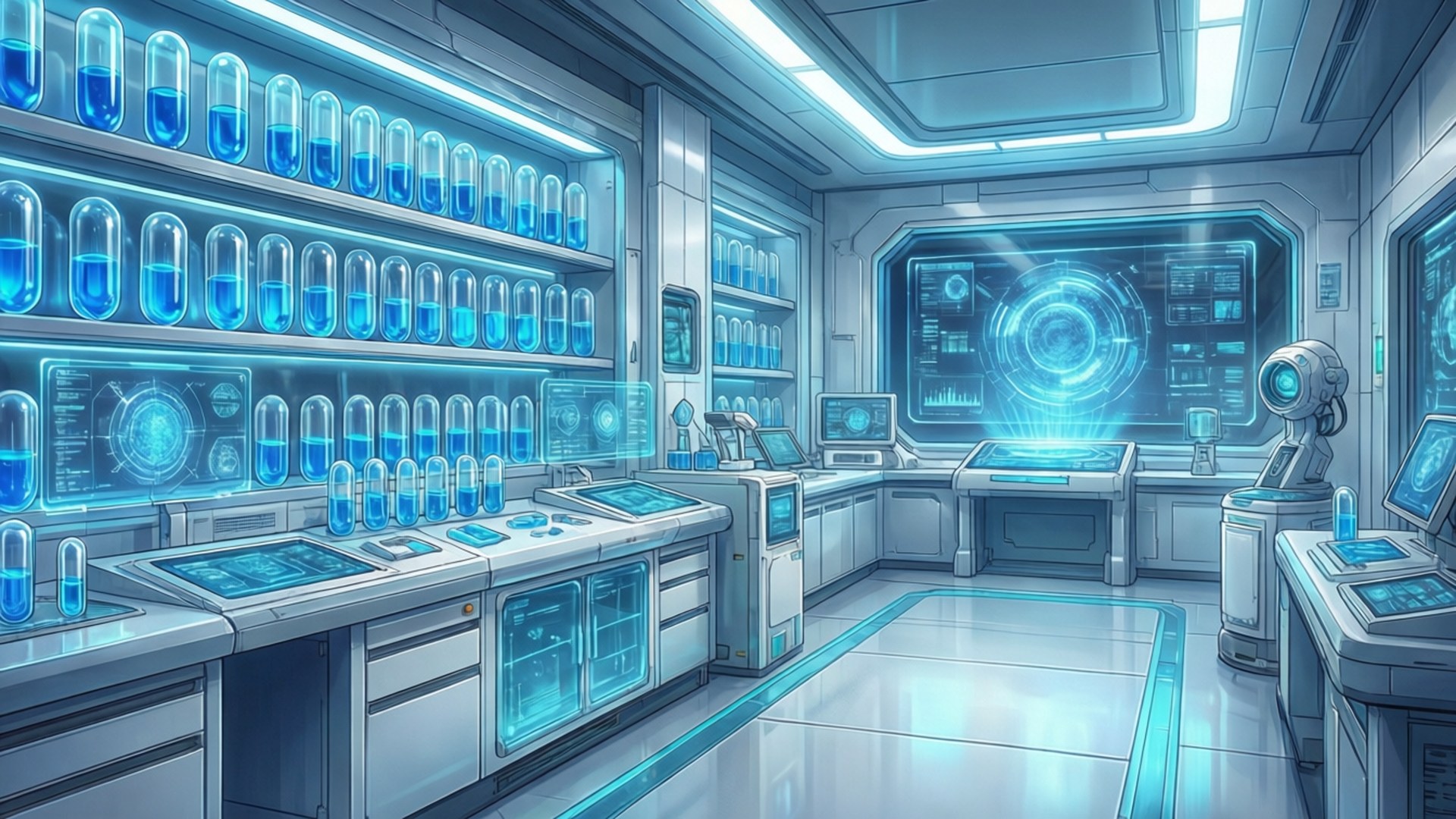 Capsule Corp, lab interior, glowing capsules, Full HD Desktop Wallpaper