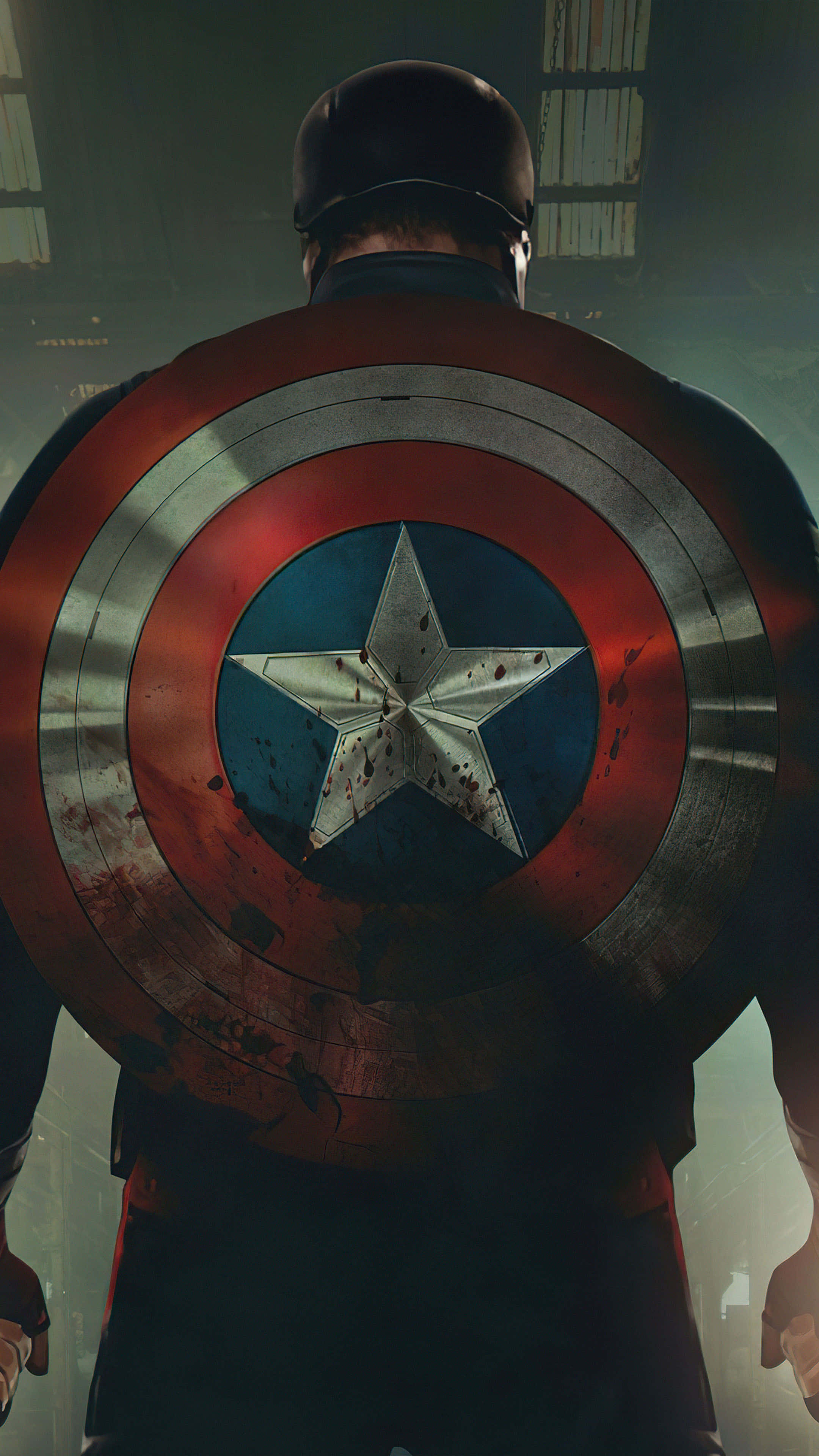 Captain America, star-spangled shield, battle marks, 4K Phone Wallpaper