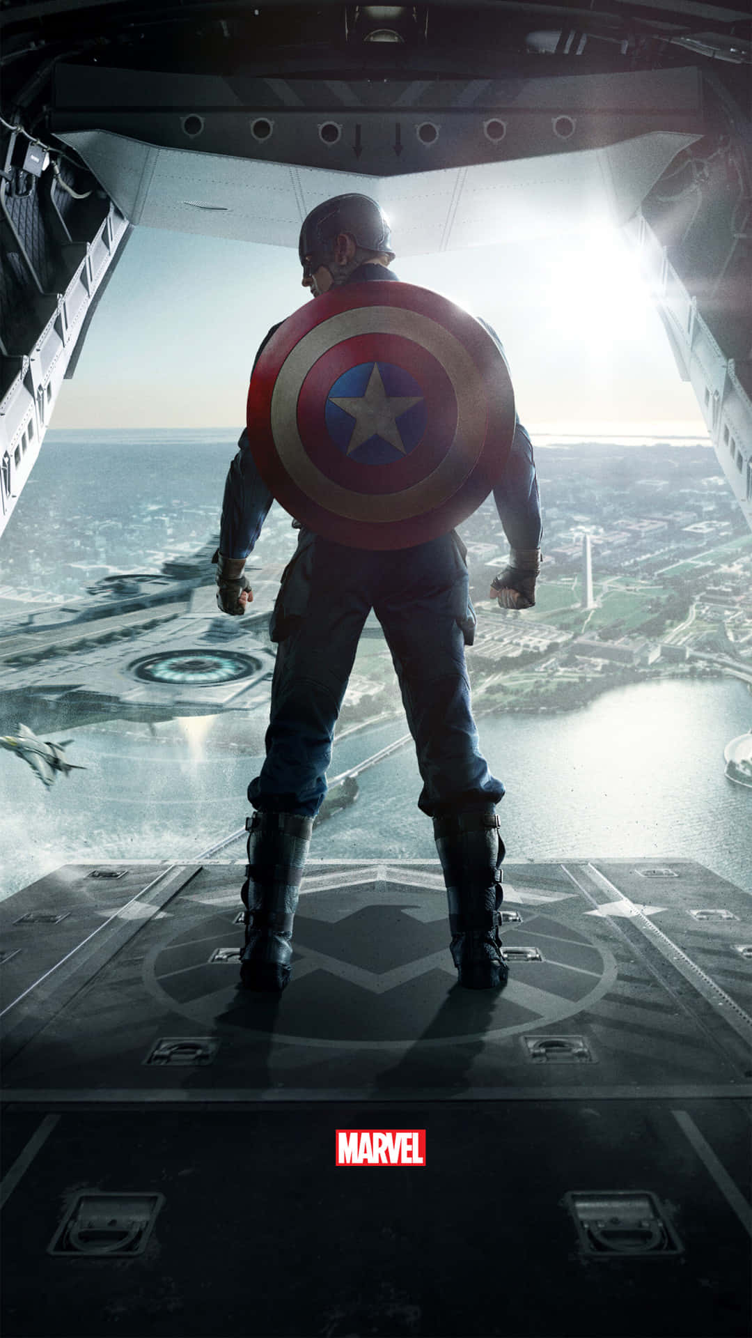 Captain America Android, military aircraft, coastal city, Full HD Phone Wallpaper