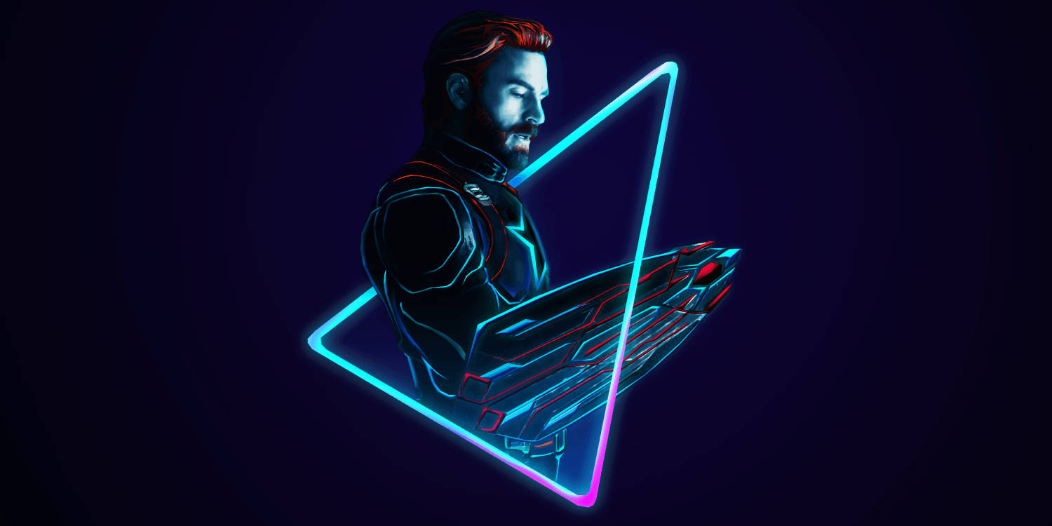 neon blue armor, glowing red hair, glowing triangular frame, HD Desktop Wallpaper