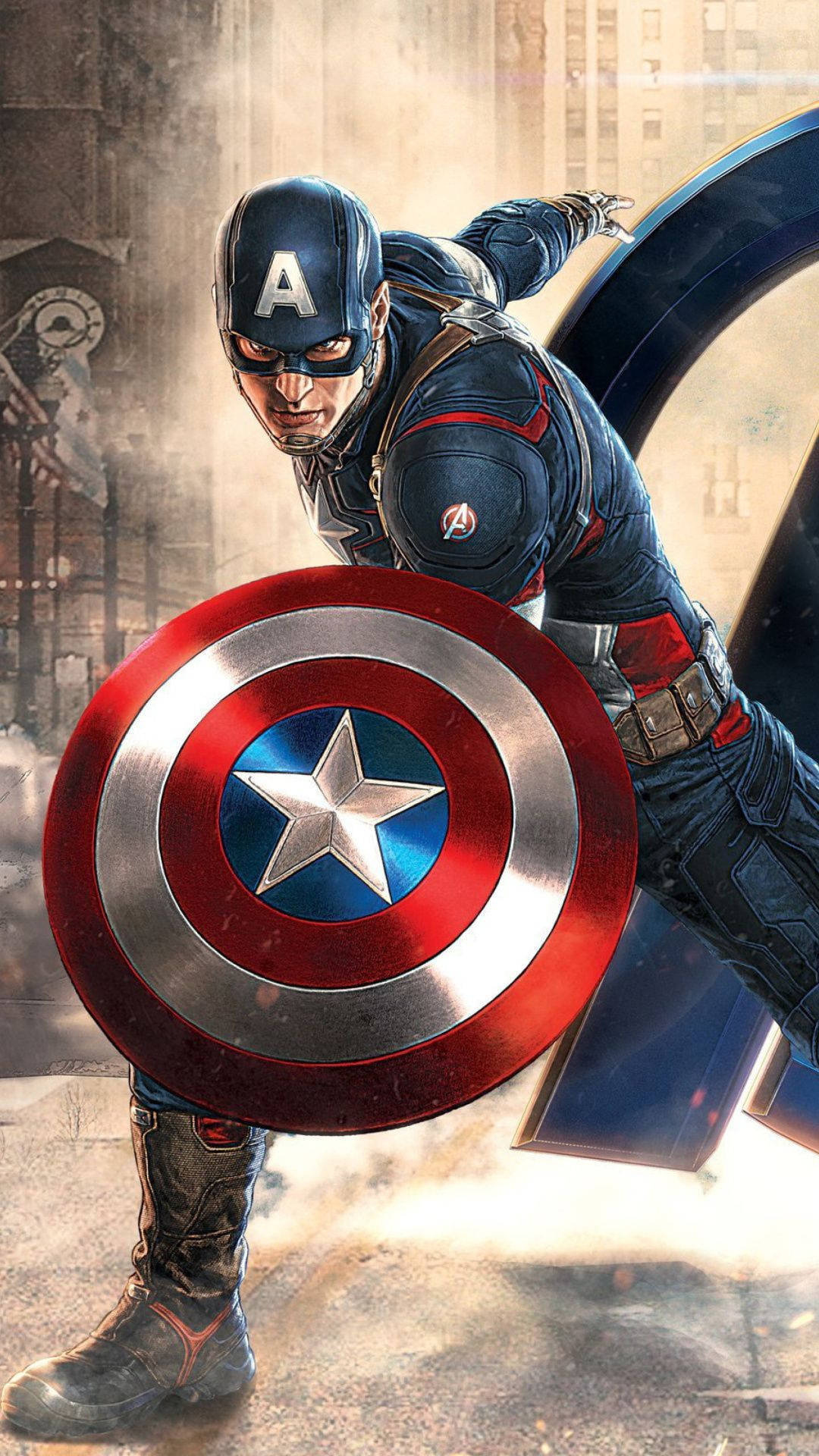 Captain America, iconic shield, urban smoke, Full HD Phone Wallpaper