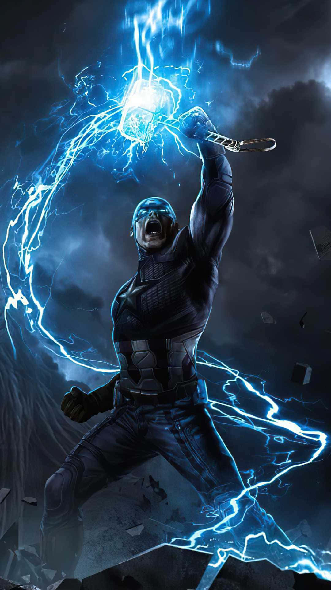 Captain America Android, glowing blue lightning-infused hammer, stormy dark sky, Full HD Phone Wallpaper