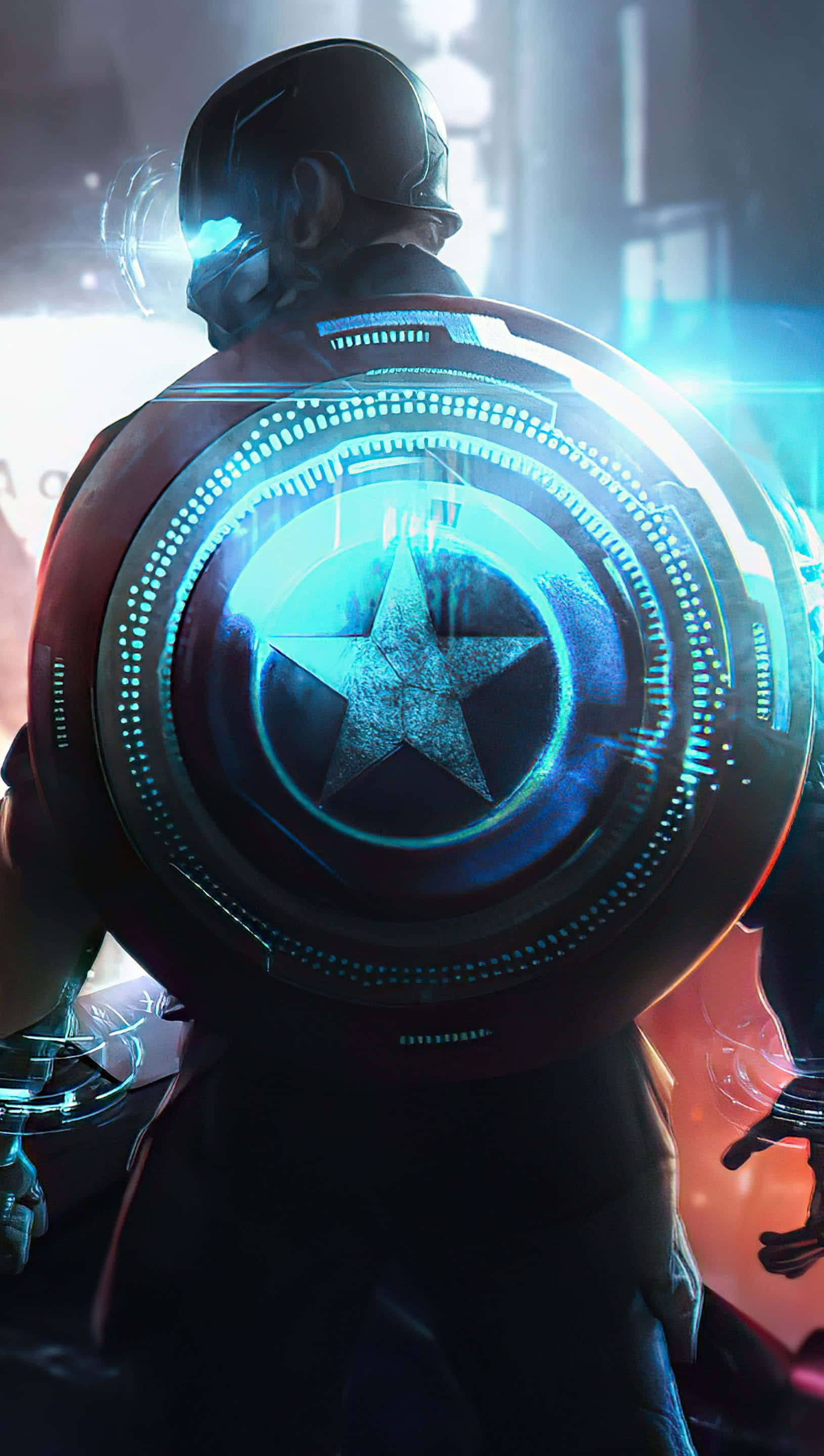 Captain America, glowing futuristic shield, star emblem, 2K Phone Wallpaper