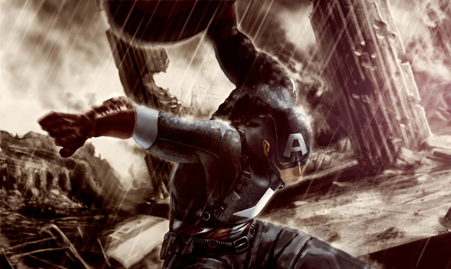 Captain America, ruined cityscape, rain-soaked, HD Desktop Wallpaper