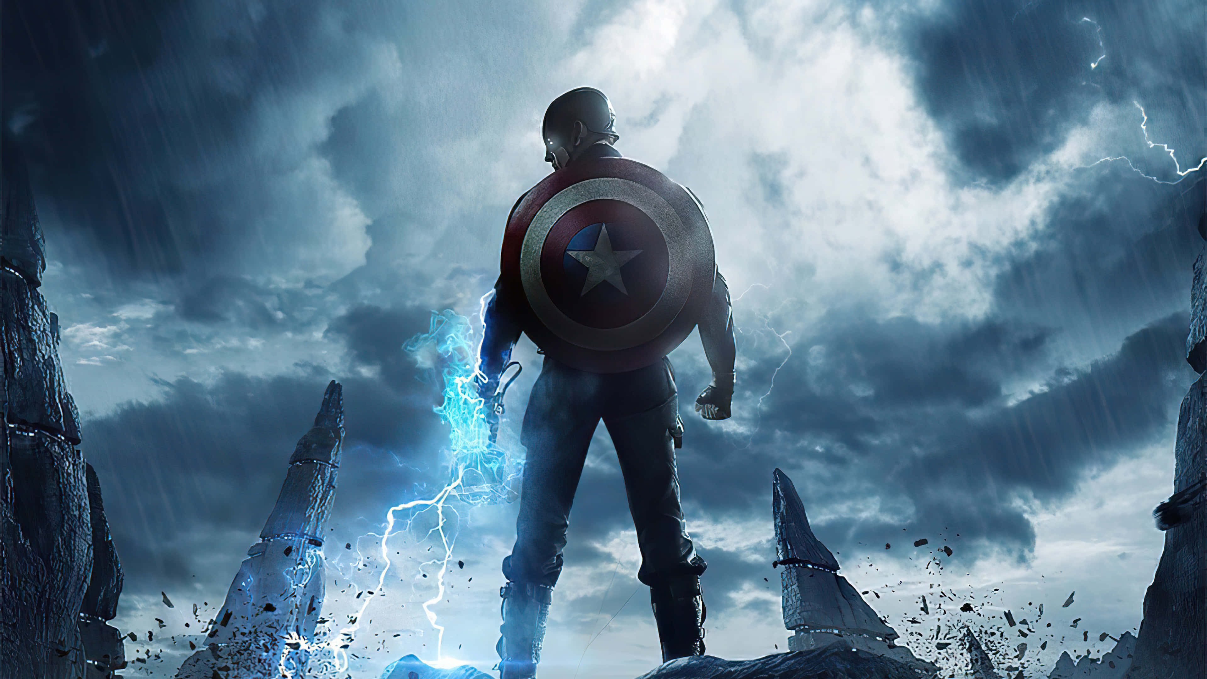 Captain America, storm clouds, glowing energy, 4K Desktop Wallpaper