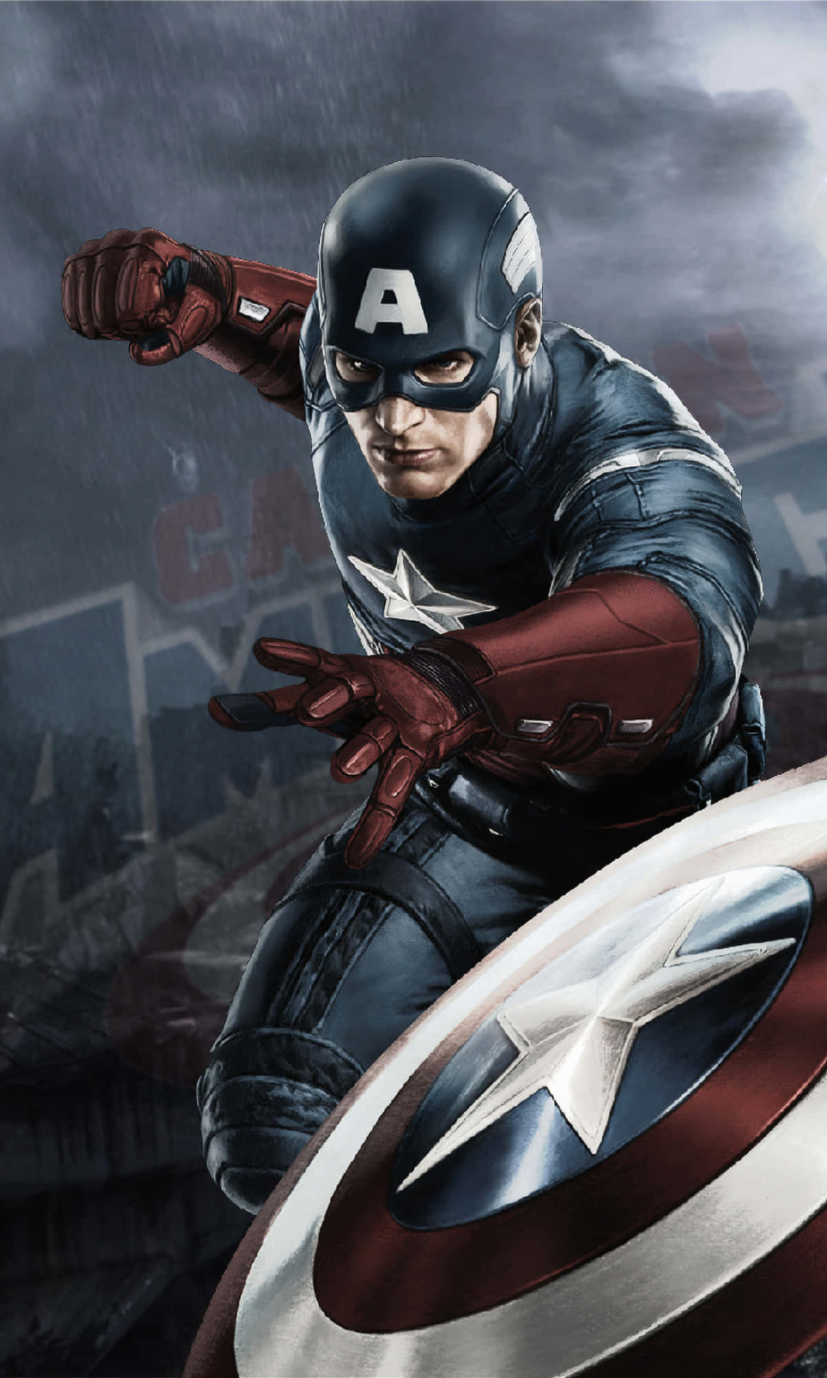 Captain America, star-spangled shield, rain-soaked urban battlefield, Full HD Phone Wallpaper