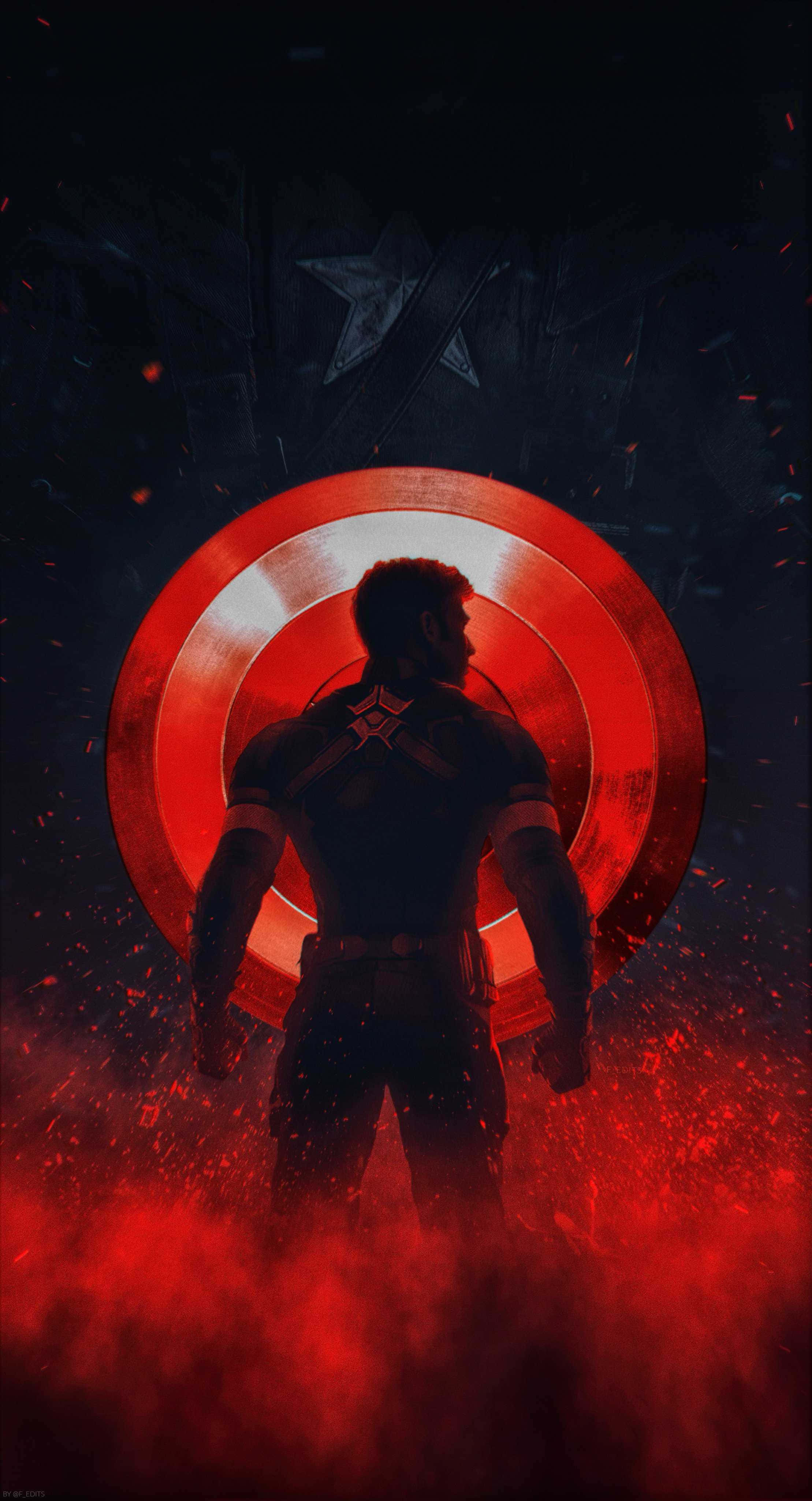 Captain America, glowing red shield, dark battlefield, 4K Phone Wallpaper