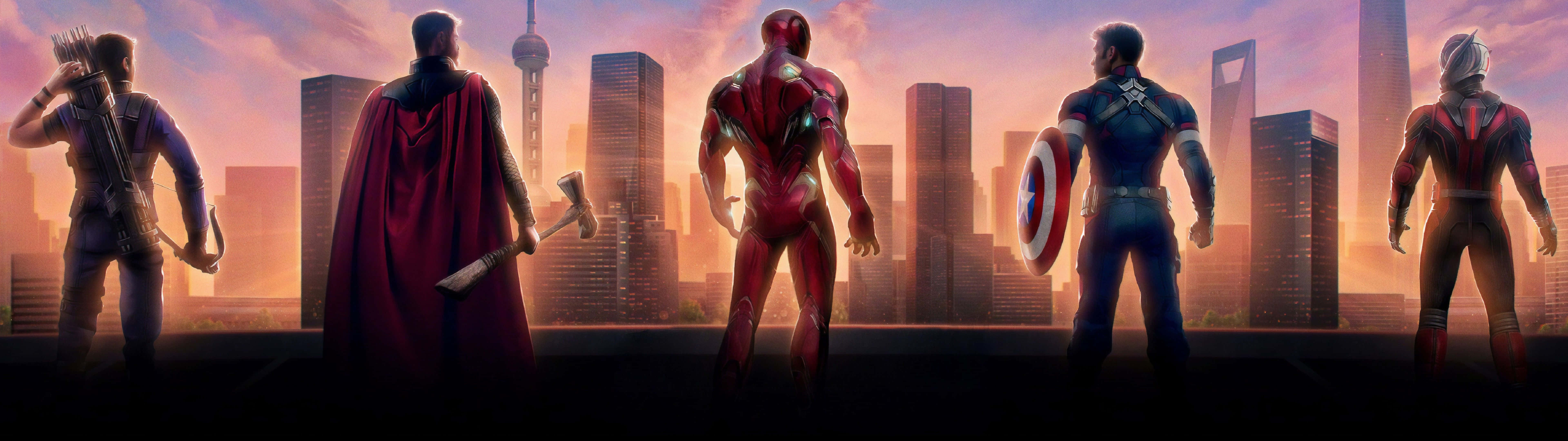 Captain America, futuristic city skyline, sunset, 8K Desktop Wallpaper