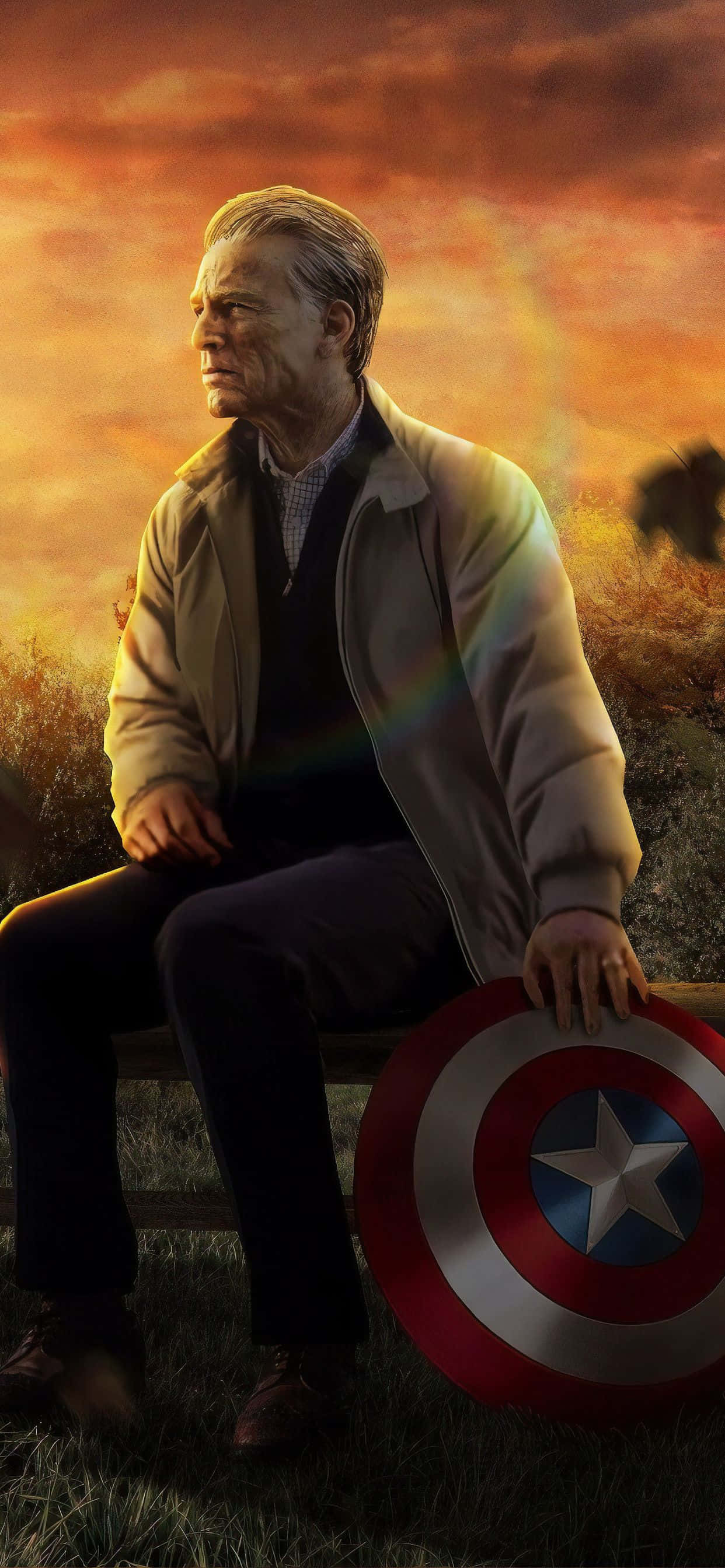 Captain America, shield, fiery sunset sky, 2K Phone Wallpaper