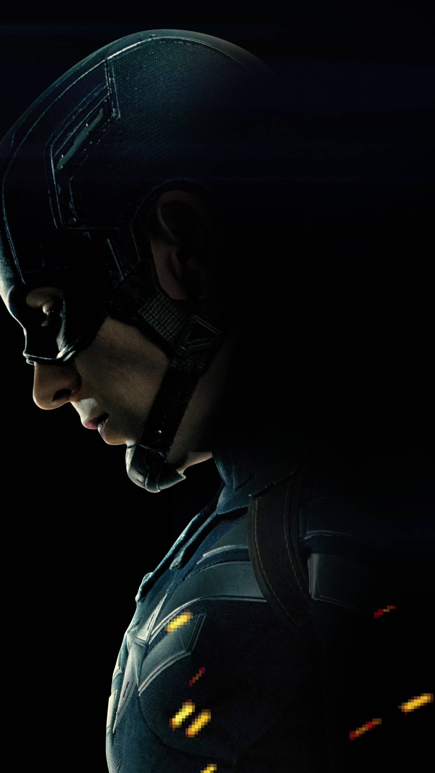Captain America, dark armor, glowing orange accents, 2K Phone Wallpaper