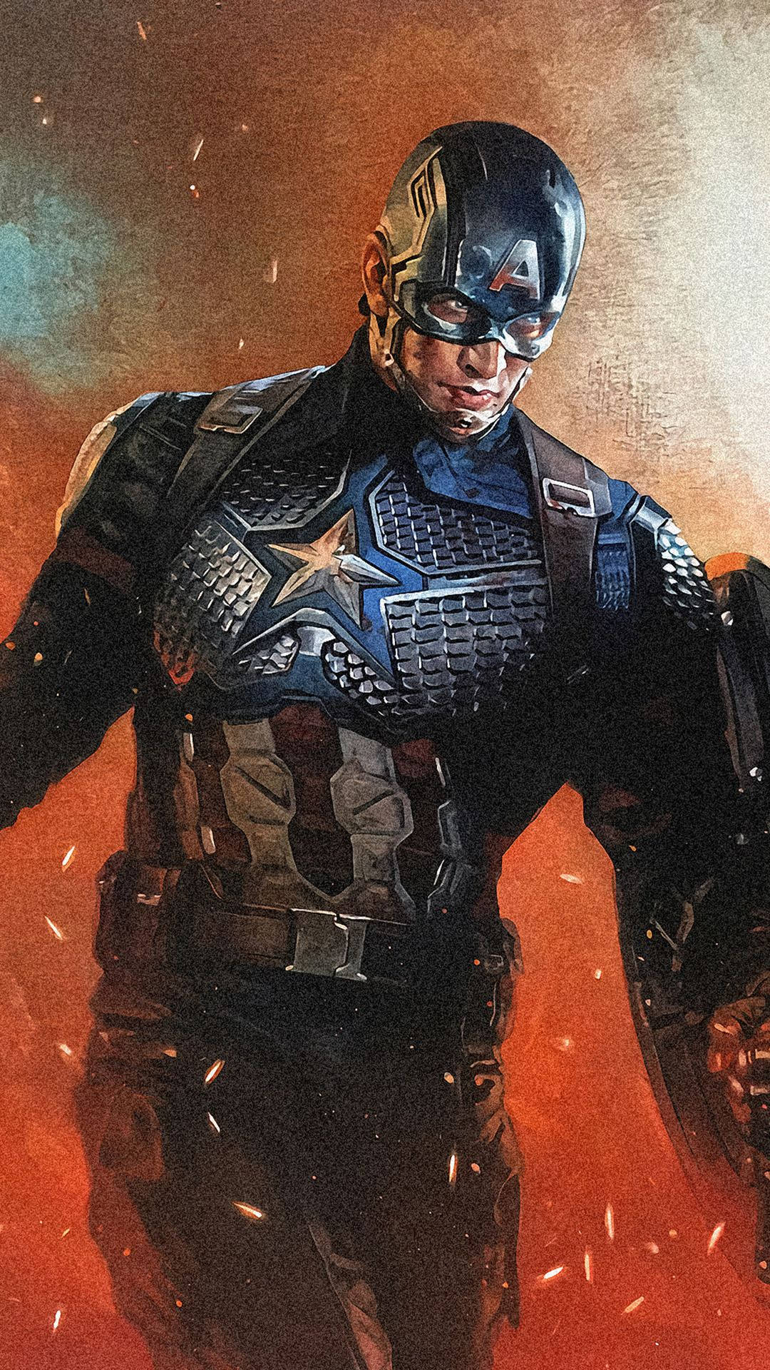 Captain America, star-emblazoned armor, fiery battle scene, Full HD Phone Wallpaper