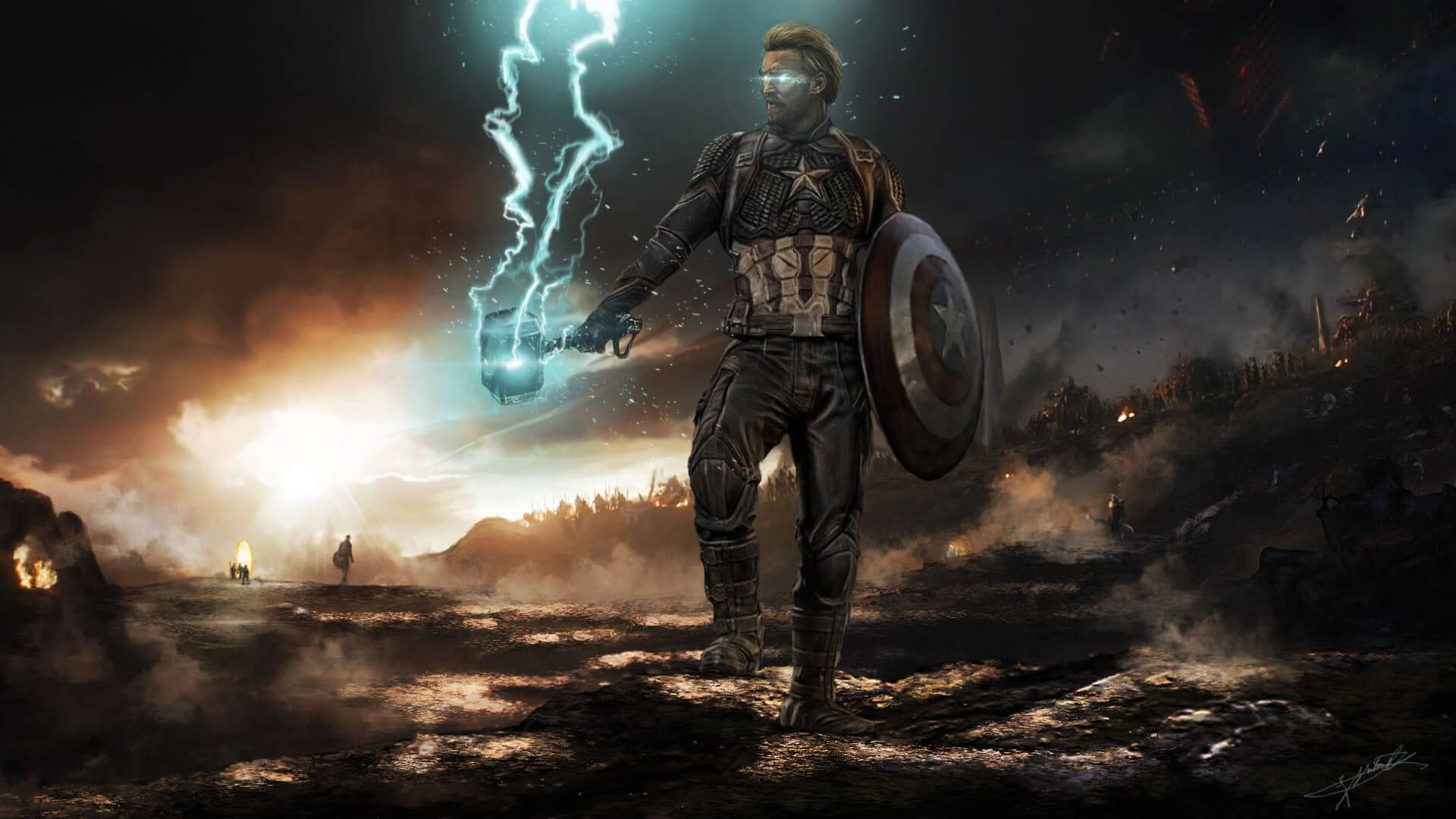 Captain America, glowing hammer, lightning, Full HD Desktop Wallpaper