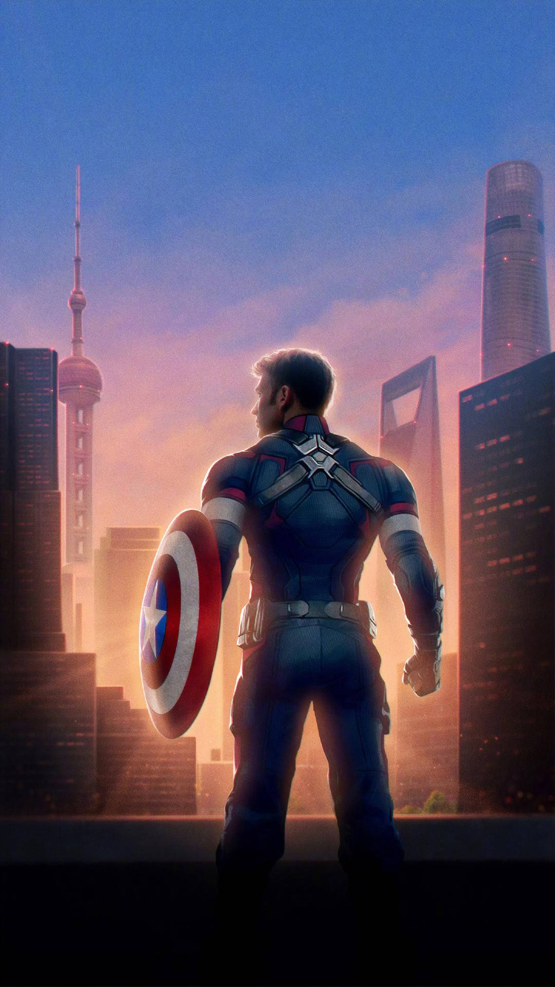Captain America, shield, futuristic city skyline, Full HD Phone Wallpaper