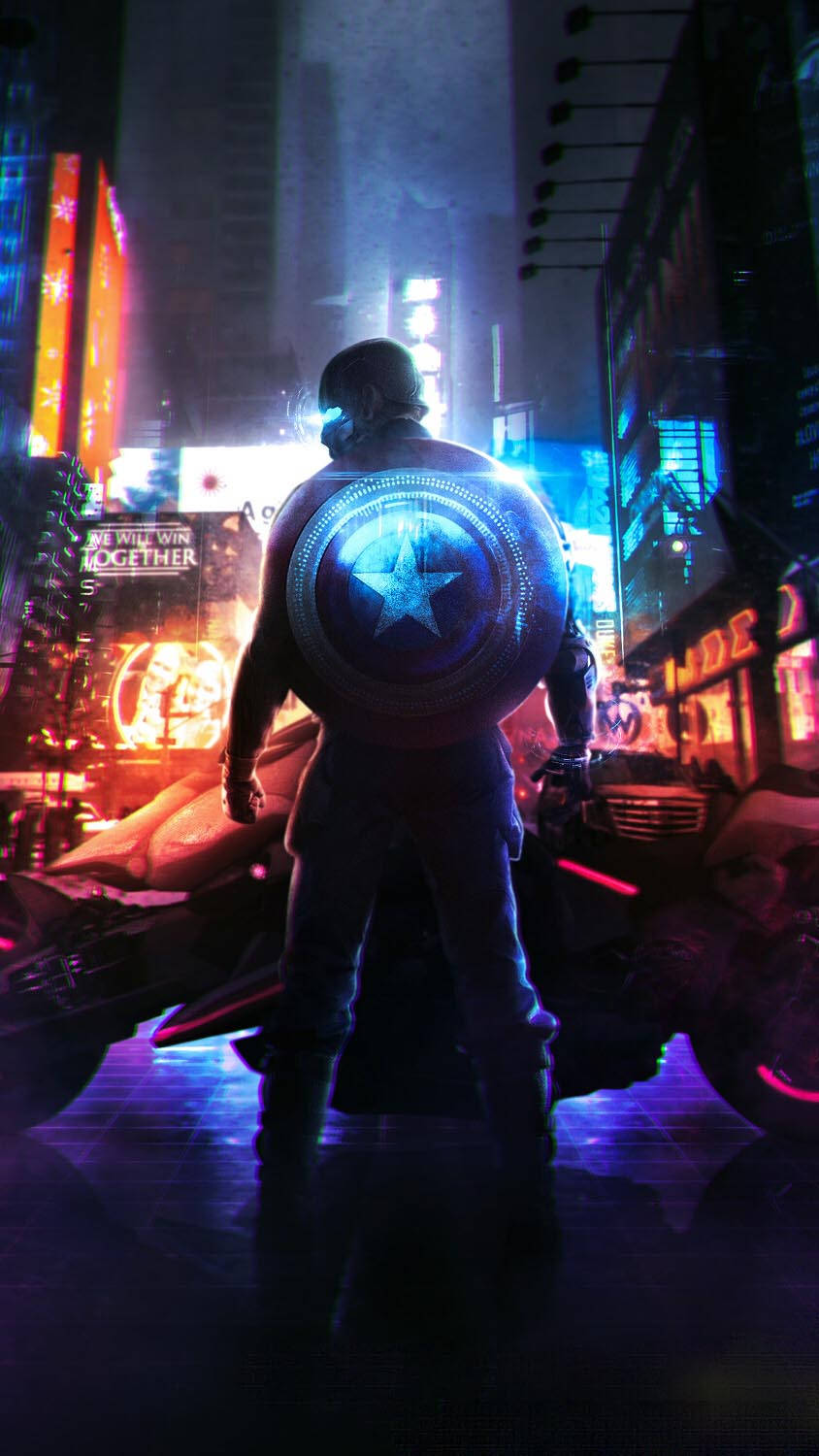 Captain America, cyberpunk cityscape, neon-drenched, HD Phone Wallpaper