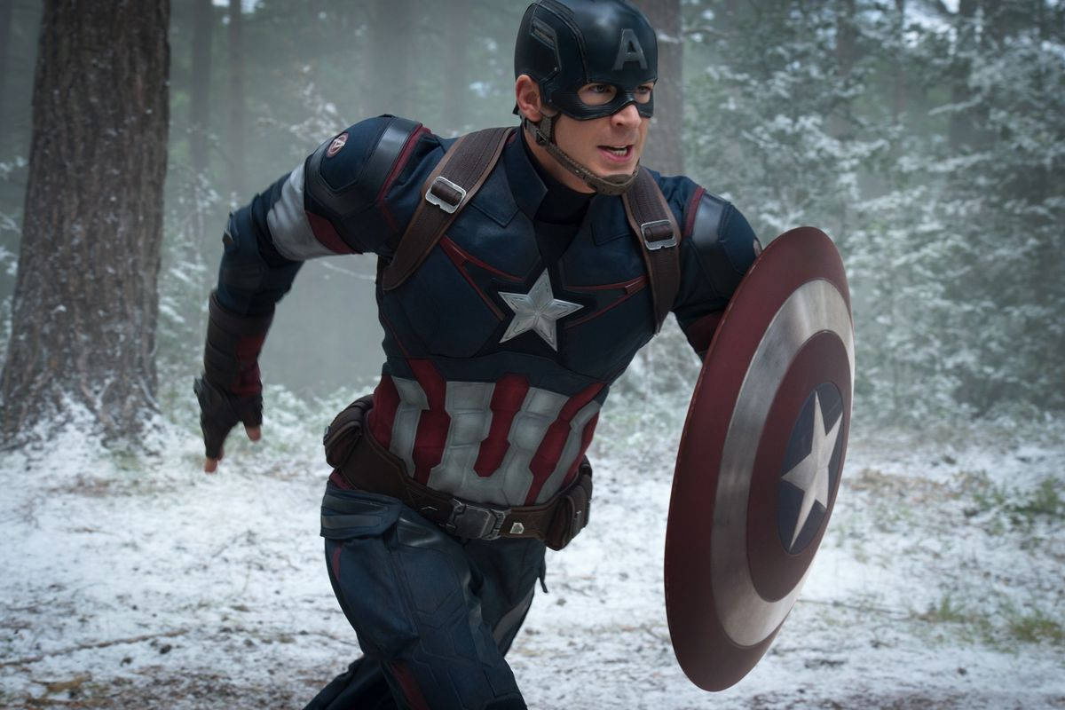Captain America, snowy forest, iconic shield, SD Desktop Wallpaper