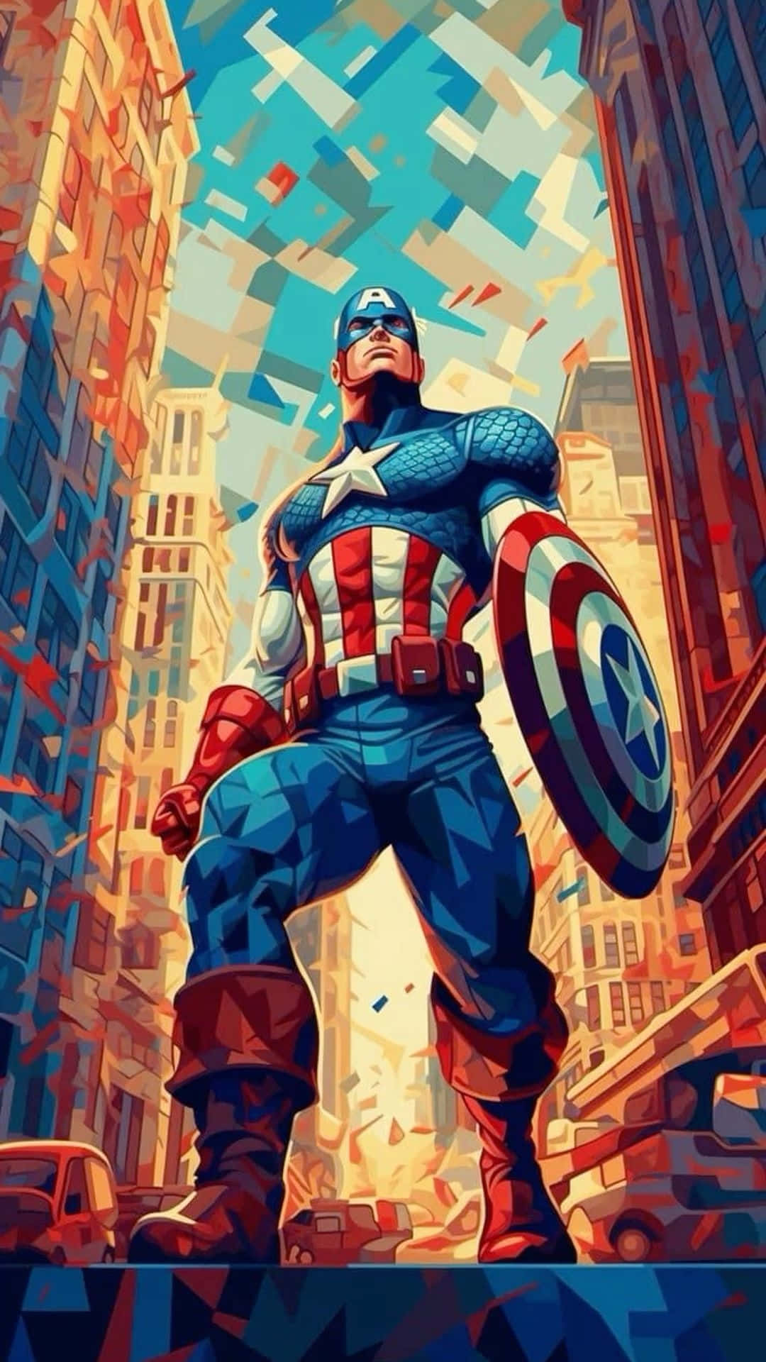 Captain America, iconic shield, stylized cityscape, Full HD Phone Wallpaper