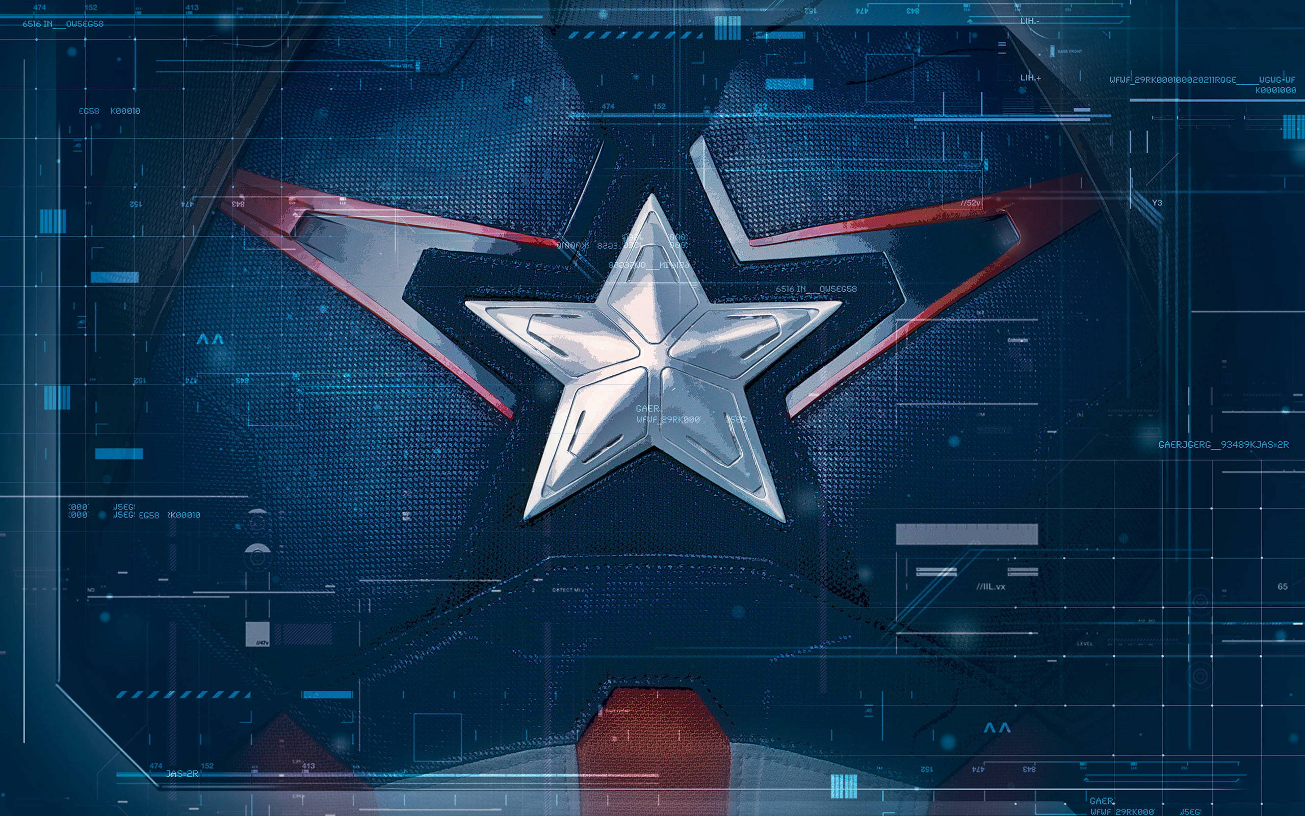 Captain America Logo, metallic star emblem, blue digital interface, 2K Desktop Wallpaper