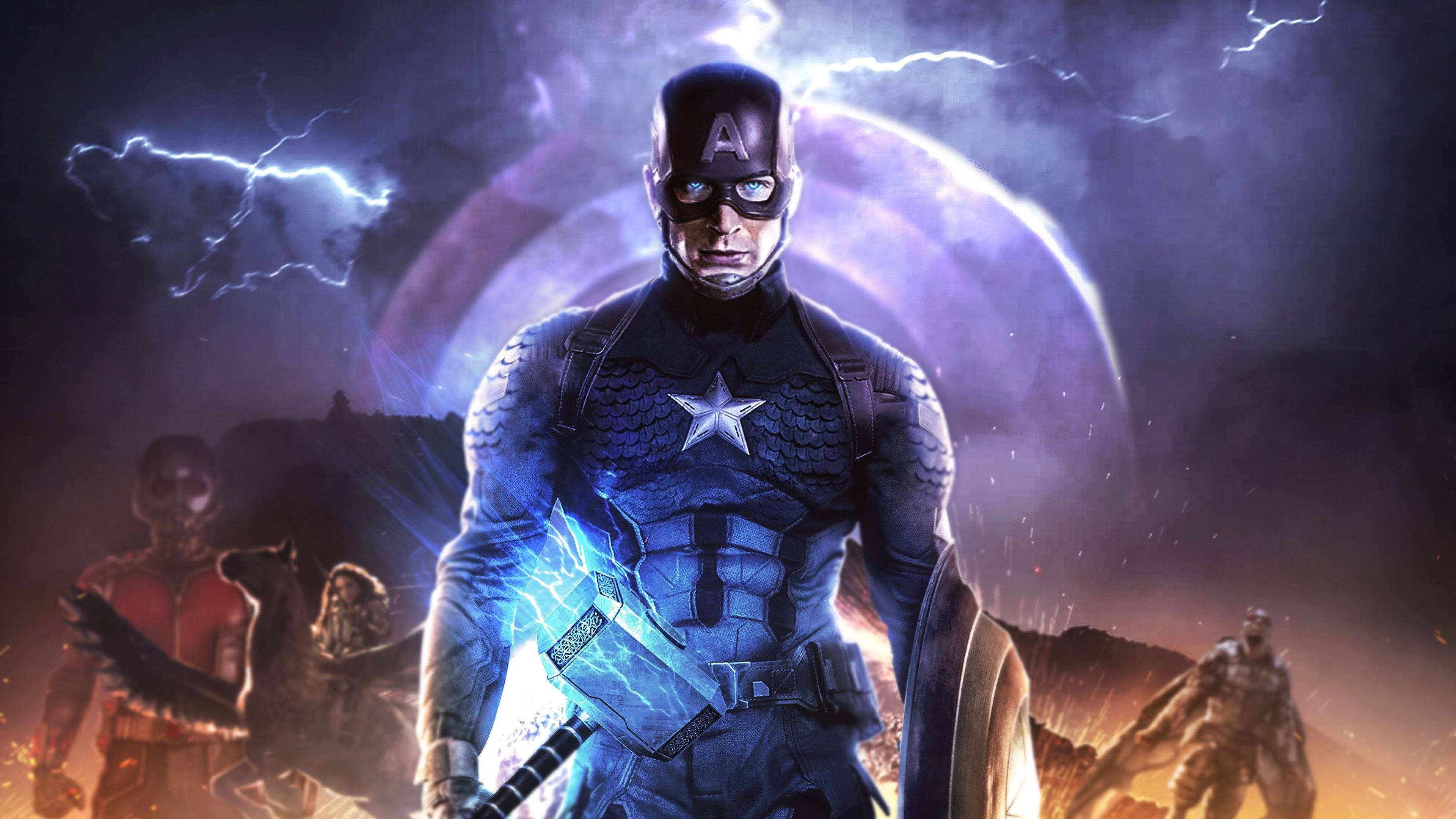 Captain America, glowing hammer, stormy backdrop, 4K Desktop Wallpaper