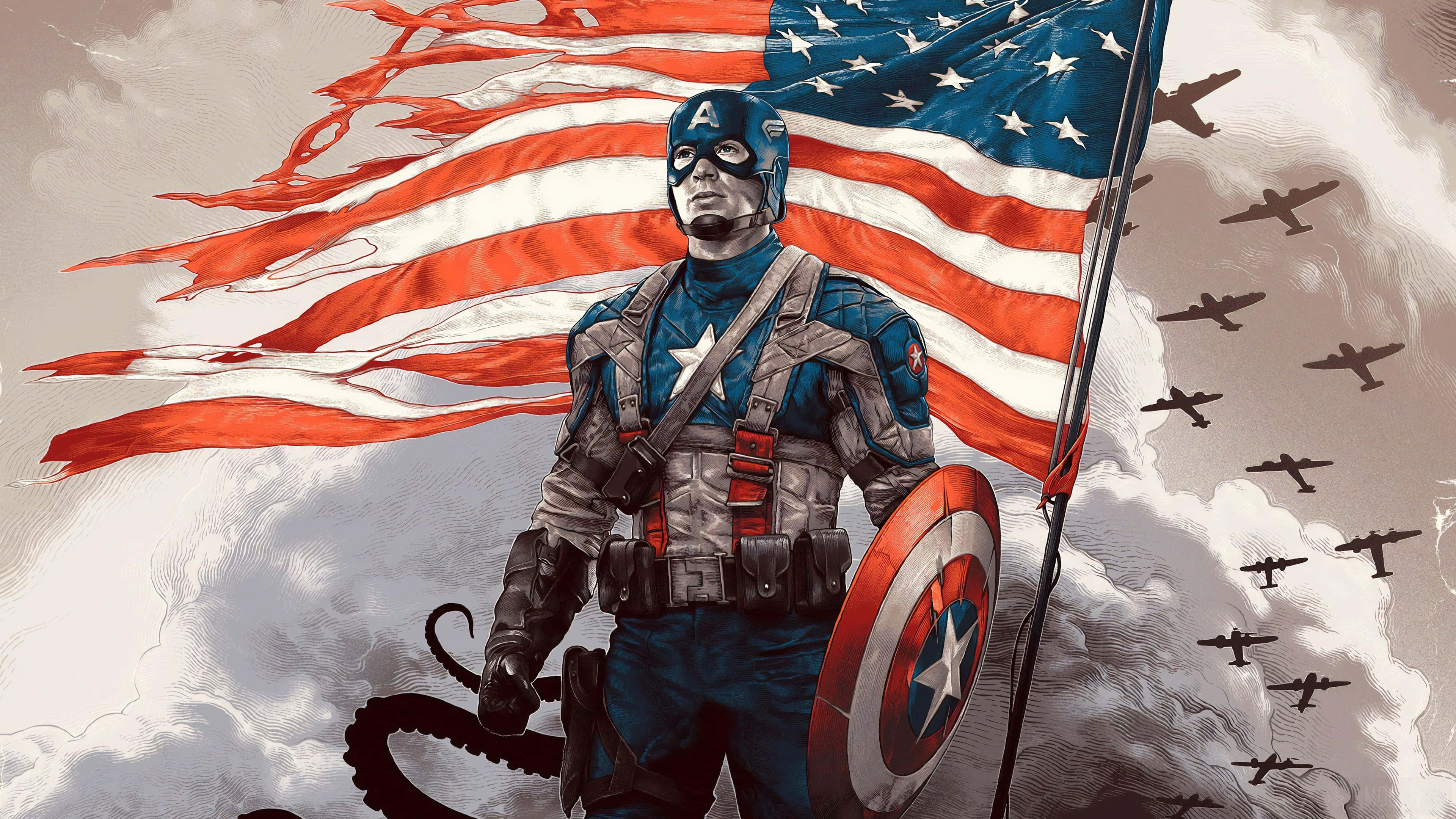 Captain America, shield, flag, 4K Desktop Wallpaper