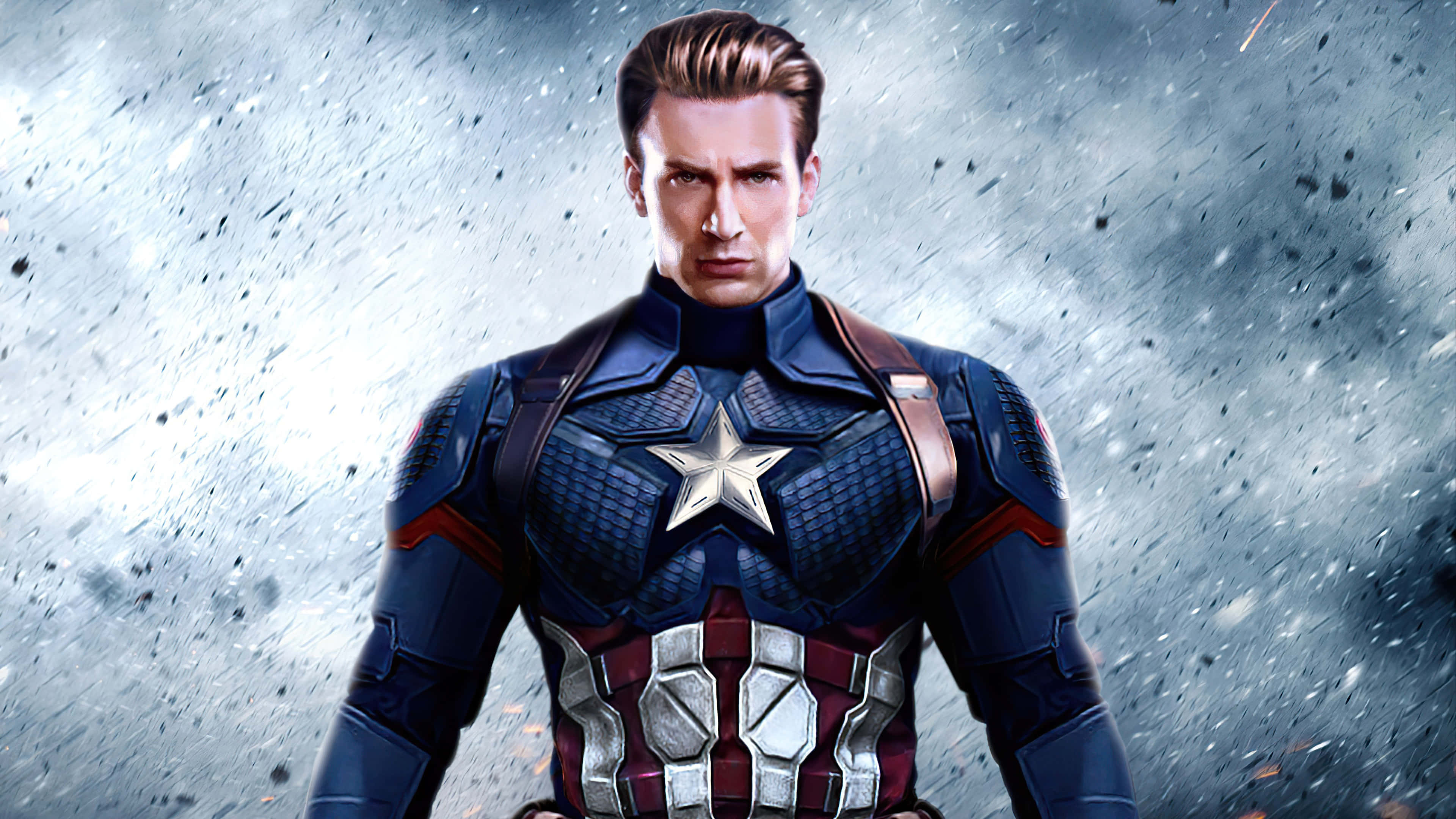 Captain America, iconic star-spangled suit, stormy battlefield backdrop, 4K Desktop Wallpaper